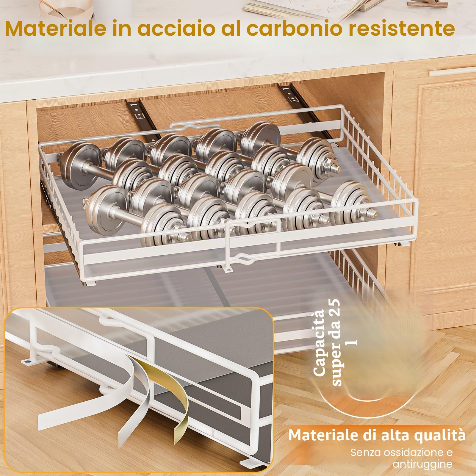 Cassetto telescopico a 2 pezzi, ripiano estraibile per cassetto da cucina Exadale, cassetto scorrevole estensibile, larghezza regolabile, 2 misure: 3150 cm