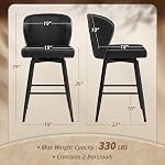LUE BONA 26 Inch Swivel Bar Stools Set of 2, Counter Height Bar Stools with Back, Upholstered Counter Stools, Faux Leather with Stitching, Metal Legs, Easy Assembly, Black