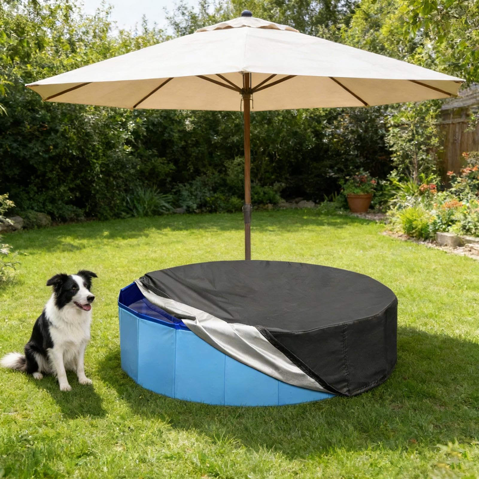 Cubierta para Piscina de Mascotas Tapete de tela Oxford con cordón | Cubierta plegable para piscina de baño de perros y mascotas para Jardín, Césped, Patio, Exterior, Higiene Diaria y