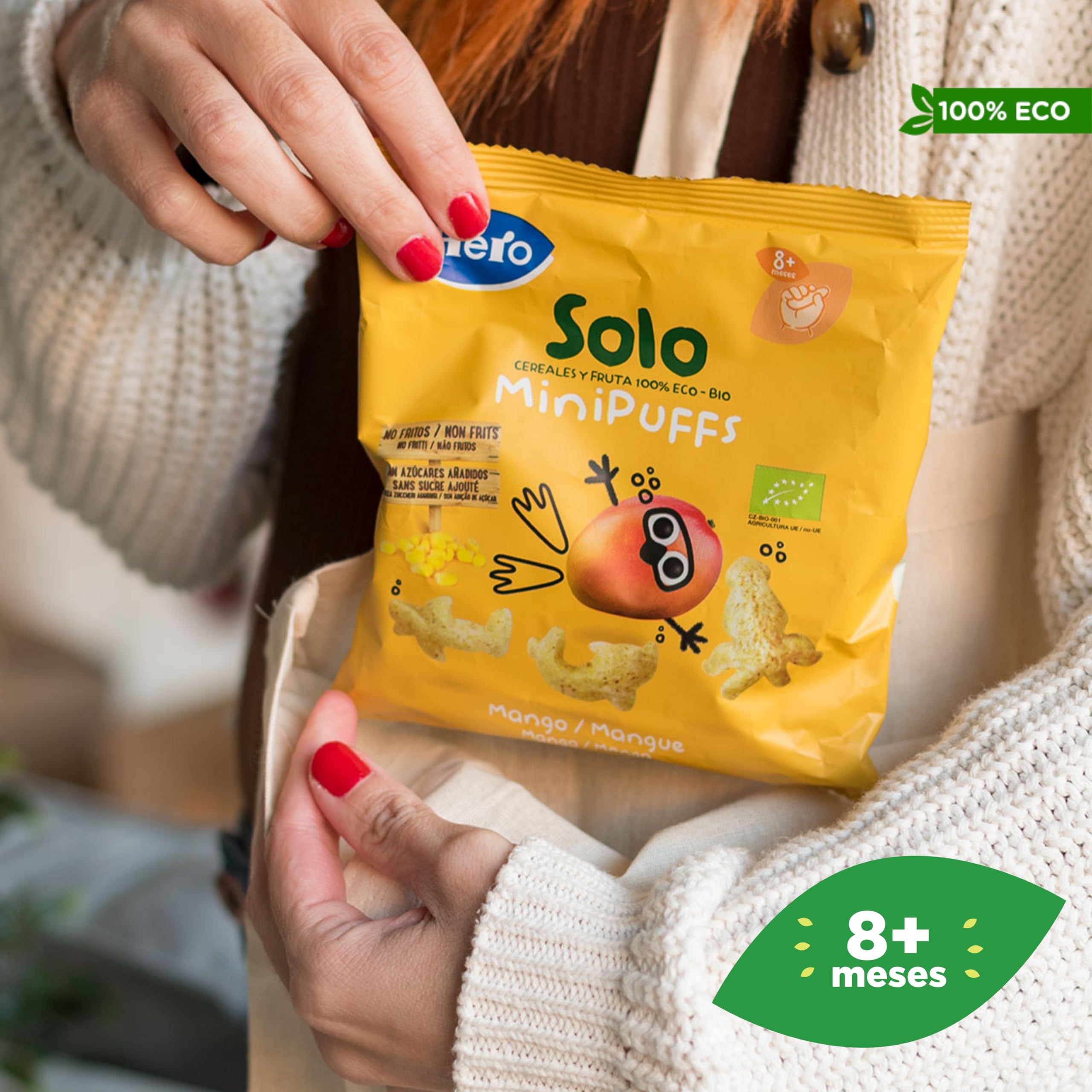Hero Solo - Minipuff Snack de Mango, 100% ECO, BIO, con Ingredientes de Agricultura Ecológica y UE, No Fritos, Sin Azúcares Añadidos, Apto para Bebés a Partir de 8 Meses - Pack de 5 x 18 g