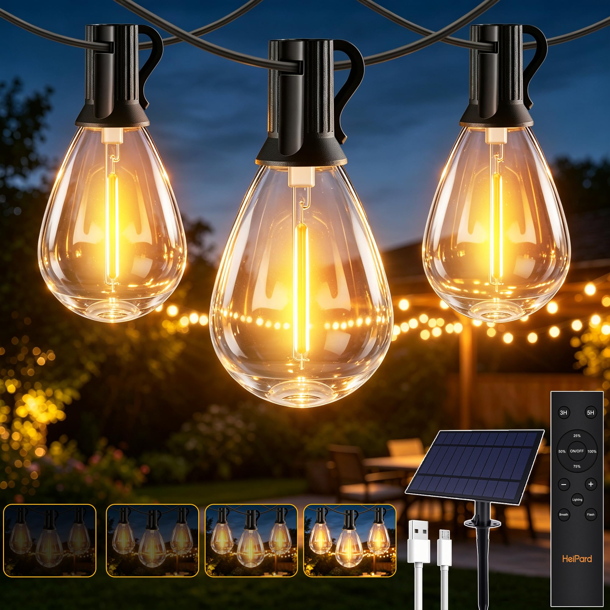 HeiPard Guirnalda Luces Solares Exterior 20m, 35+2 Bombillas LED, Mando