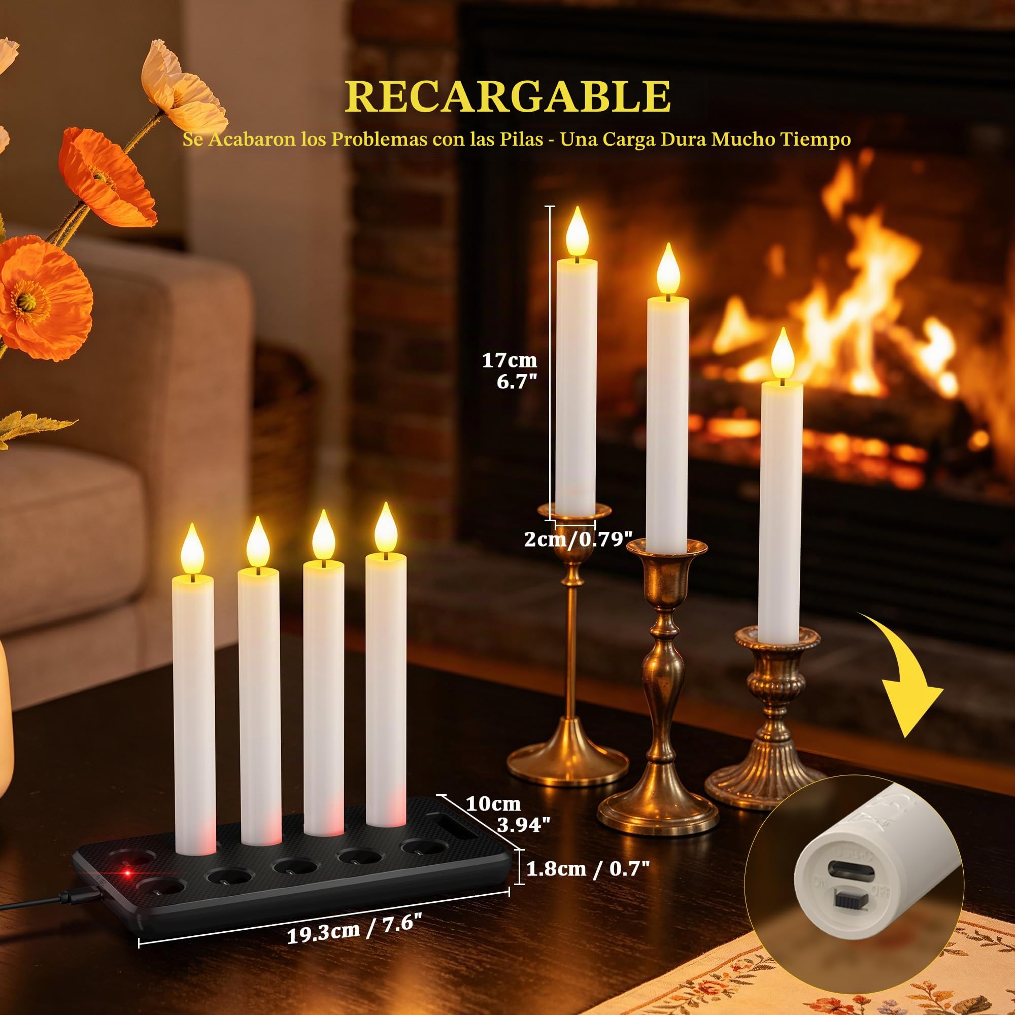 SoulBay 10 piezas Velas LED Efecto Llama Recargables USB, 17 cm Velas Luces LED con Control Remoto y Temporizador, Decorativas Velas Eléctricas para Cuadros Salon Hogar Decoracion Halloween Navidad | Velas LED de 17 cm, llama parpadeante, velas eléctricas