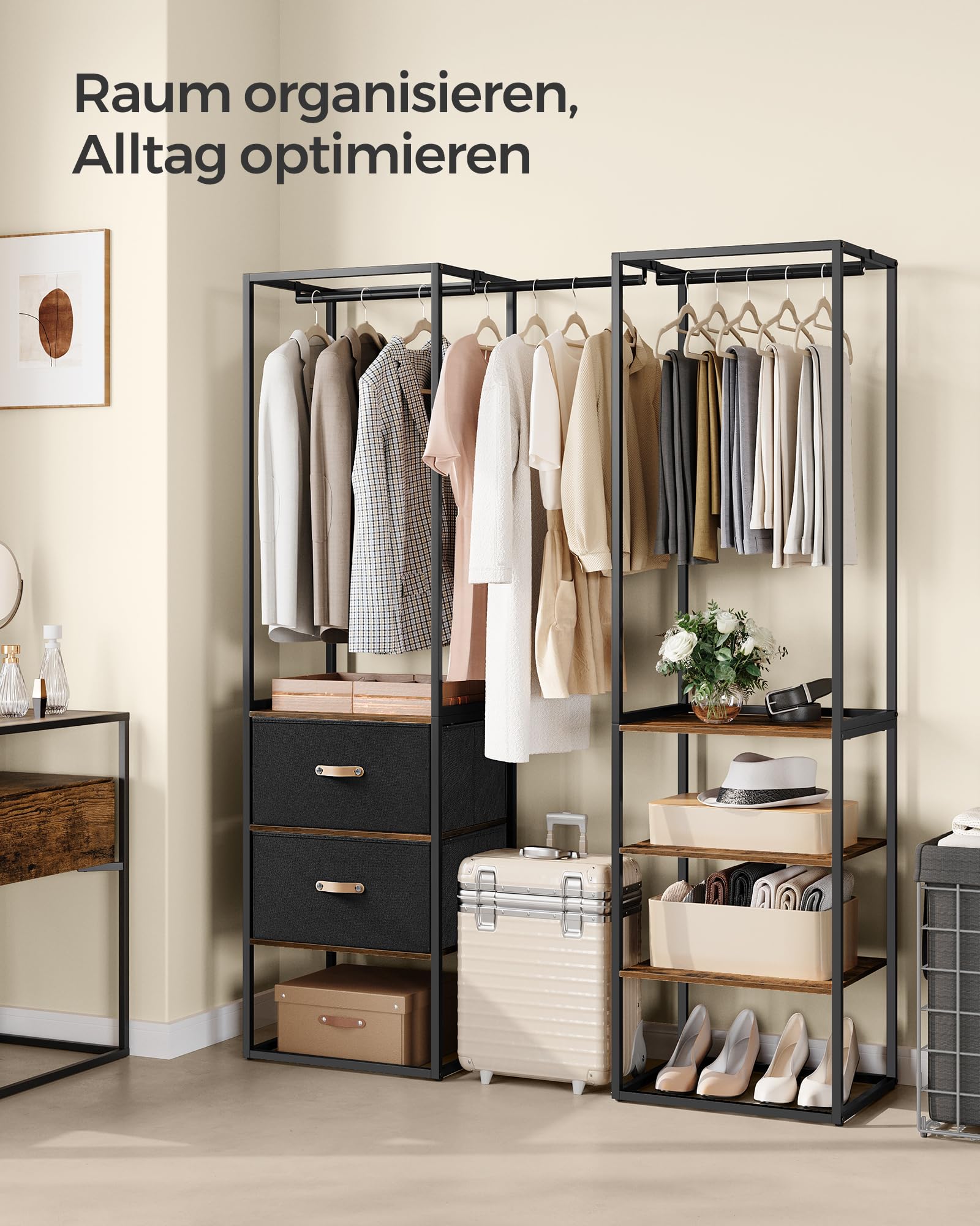 SONGMICS Kleiderständer, offener Kleiderschrank, Garderobenständer hochbelastbar, 1 ausziehbare Stange, 2 Schubladen, 4 Ablagen, für Schlafzimmer, platzsparend, vintagebraun RGR003B01