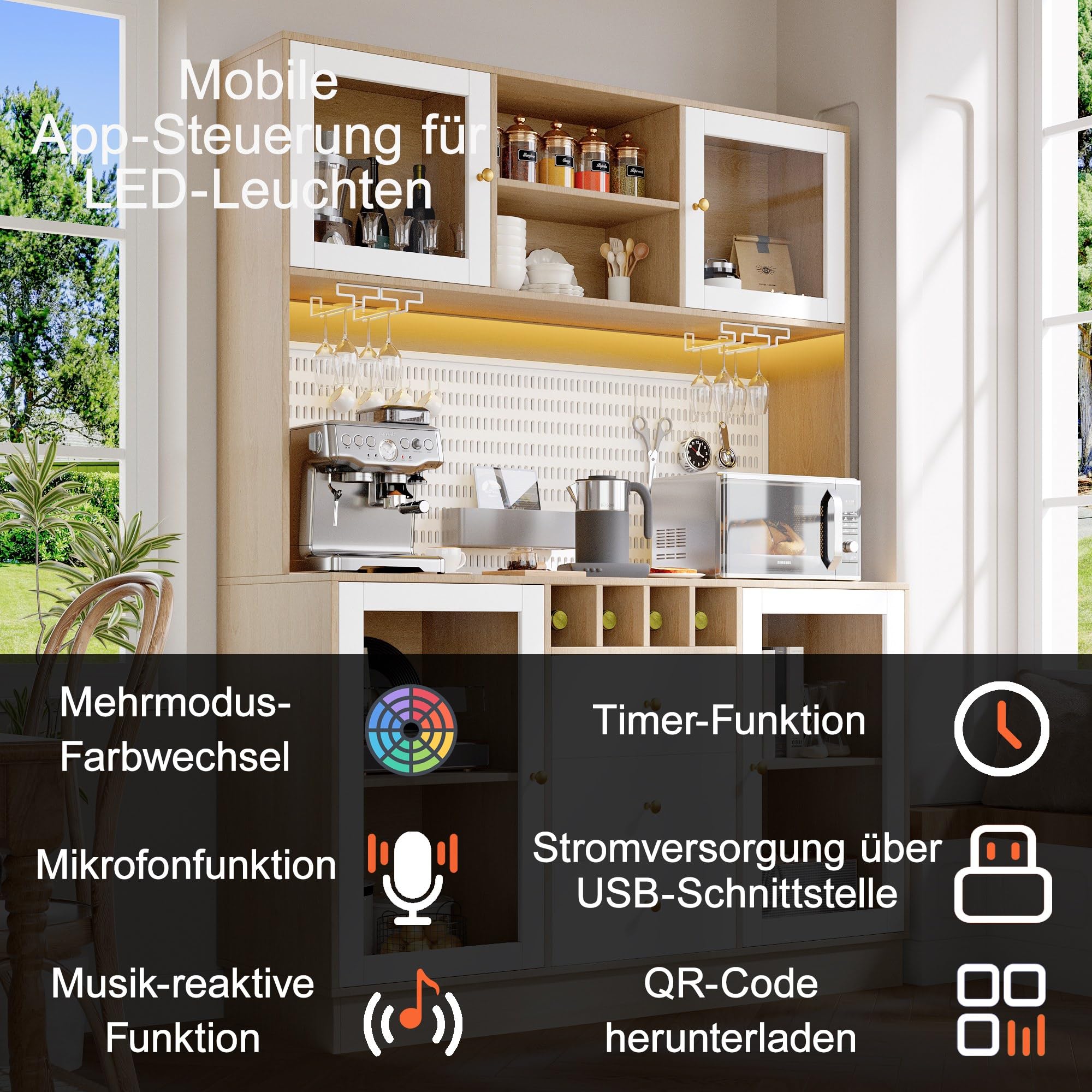 Hochschrank, Küchenschrank mit Smart LED Beleuchtung, fürs Wohnzimmer, Seitenschrank mit Weinregal und Kippsicherung, Verstellbare Einbauregale, Weiß