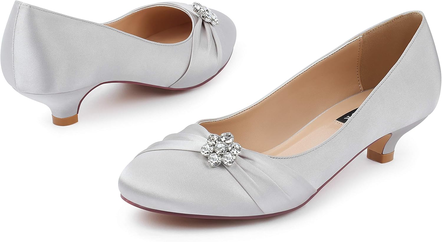 ERIJUNOR Women Closed Toe Comfort Kitten Heels Rhinestones Satin Wedding Evening Dress Shoes - Image 7