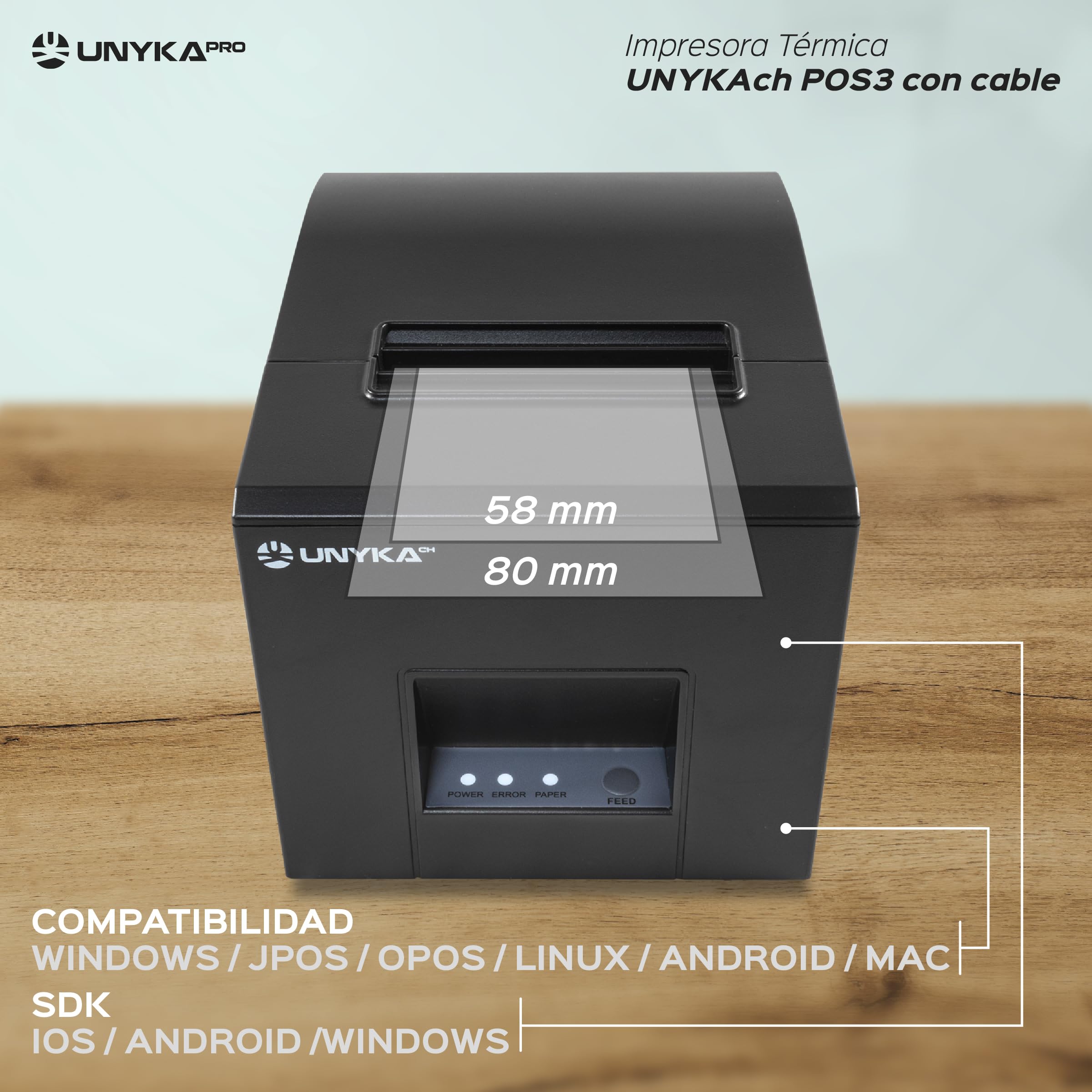 UNYKAch Aykach Thermal Drukarka banknotów UK56007 POS3, kompaktowa, papierowa 80 mm, połączenia szeregowe, USB, RJ12, RJ11 i LAN, kompatybilna ze wszystkimi systemami