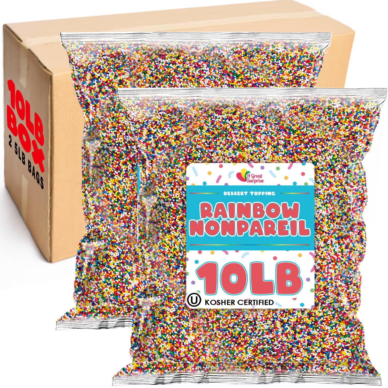 Bulk Rainbow Nonpareils Sprinkles - 10 lbs - Vegan Kosher Colorful Candy Topping for Baking, Cake Decorating, Cookies, Cupcakes - Confectionery