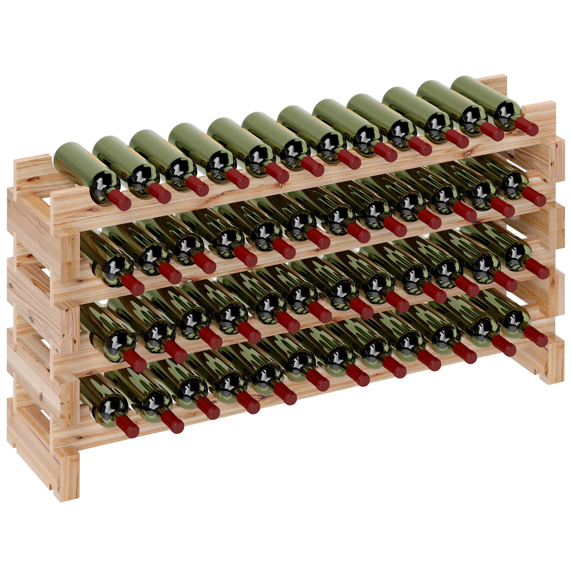 HOMCOM Scaffale Portabottiglie in Legno di Abete, Cantinetta Portabottiglie con 4 Ripiani per 48 Bottiglie e Peso Massimo 60 kg, 114x28x56.5 cm, Legno Naturale