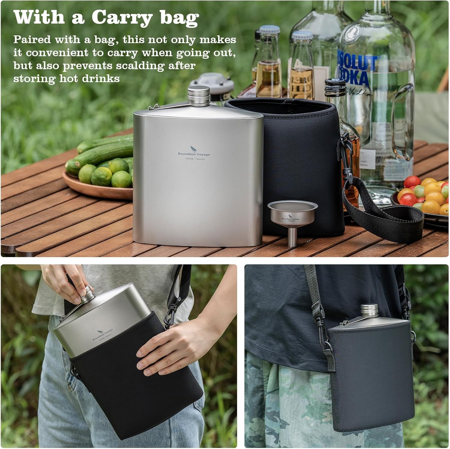 iBasingo 1400ml(49oz) Titanium Flask Single Wall Camping Kettle for Open Flame Heating, Hiking & Backpacking Big Water Bottle with Lock Lid, Funnel & Carry Sleeve (Ti3265D)