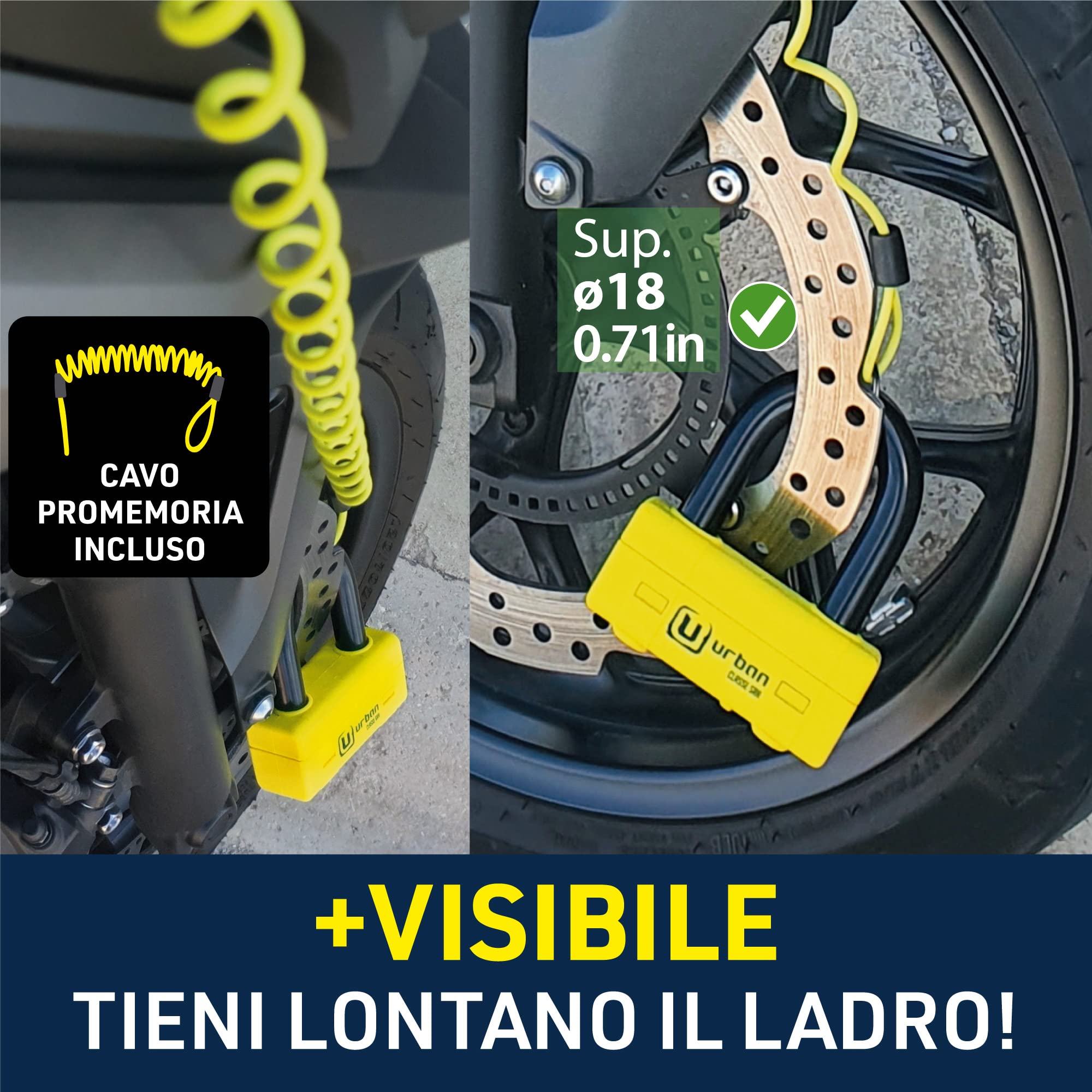 URBAN UR75 Antifurto Bloccadisco Moto Mini U Testato Massima Sicurezza, Omologato SRA, Arco in Acciaio Cementato ø18 con Doppia Chiusura, Più Versatile e Deterrente, Cavo Promemoria, Lucchetto Moto