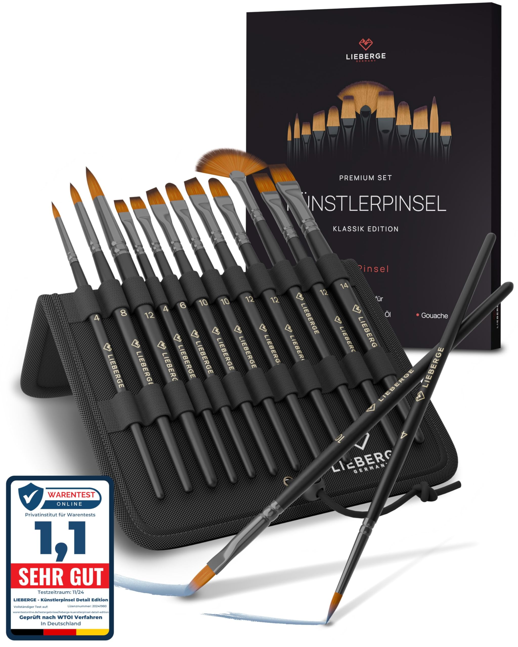 LIEBERGE Premium Pinselset – 12 Pinsel, haarverlustfrei, vielseitig (Acryl, Aquarell, Öl, Gouache)
