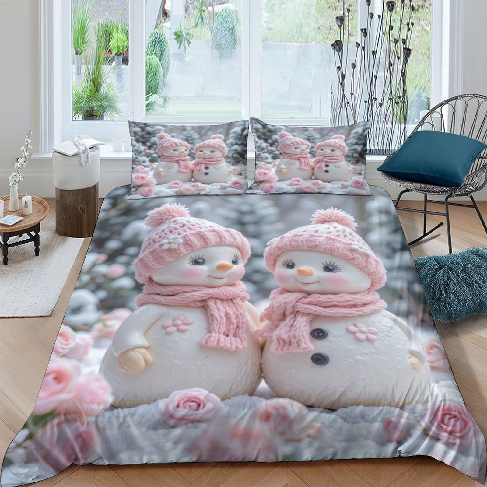 GPLZQXKJNH 3D Printed Snowman Couple Duvet Cover Microfiber Soft Winter Scene Bedding Set with 2 Pillowcases for Bedroom Decor Single（135x200cm）