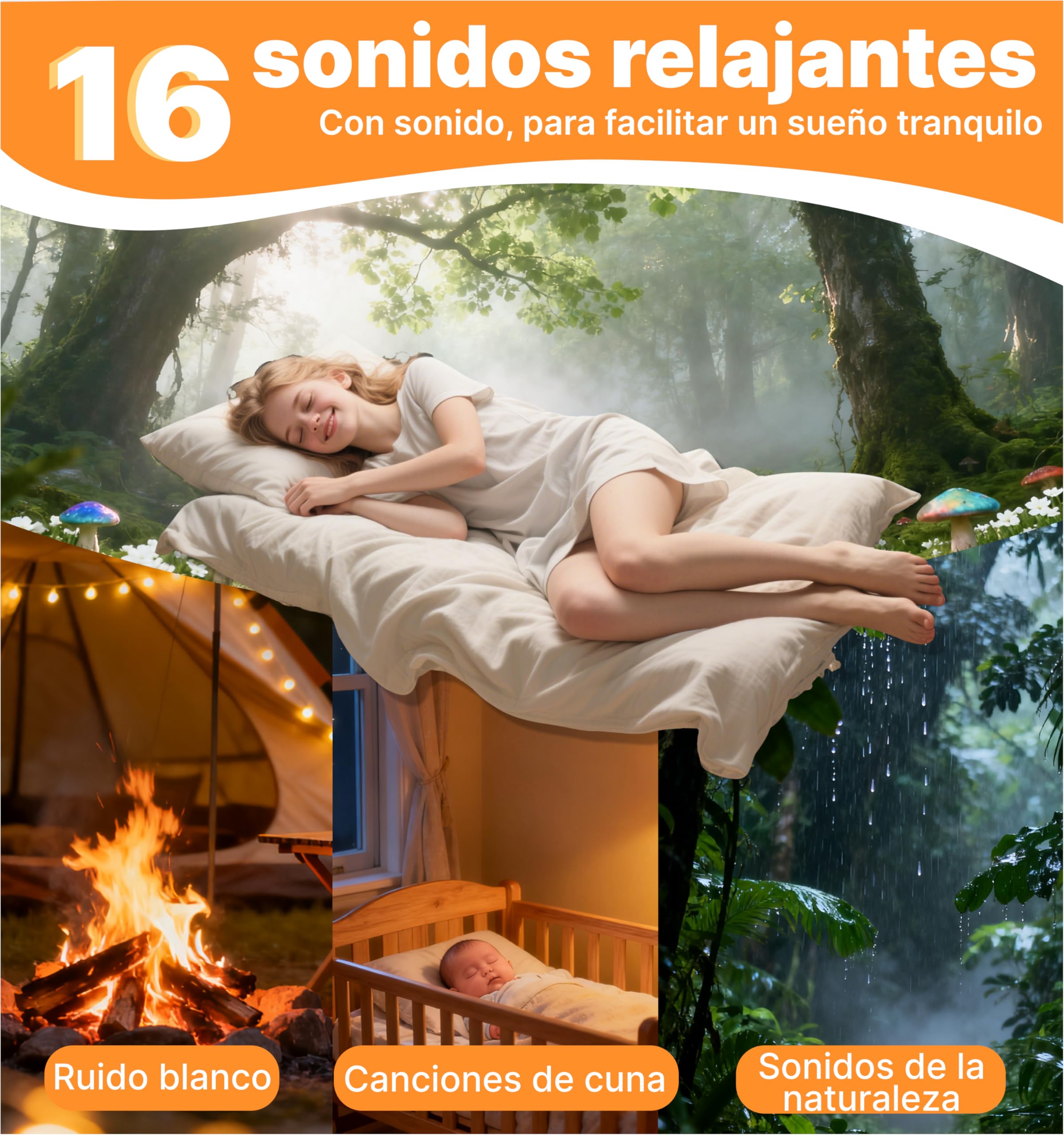 Hmusic Máquina Ruido Blanco, Sueño Bebé, Luz Noche, Temp 60H | Máquina Sonido Portátil Adultos, Batería 20-60H, Temporizador, Luz 3-Brillos, Guardería, Viaje