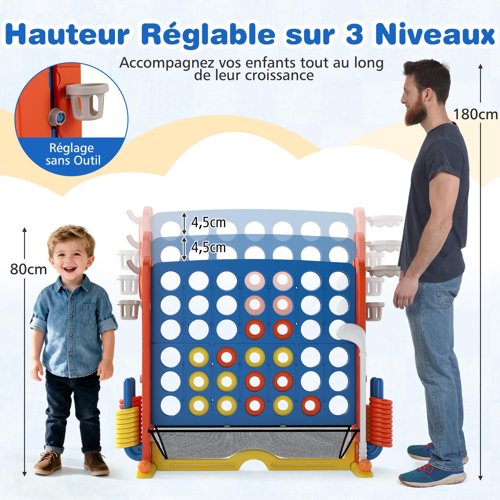 COSTWAY 4 en 1 Jeux Puissance 4 Géant avec 42 Anneaux et Filet, Jeu de Société avec Panier de Basket et Lancer d’Anneaux, Hauteur Réglable, Golf, Porte-gobelets et Sac, Intérieur Extérieur