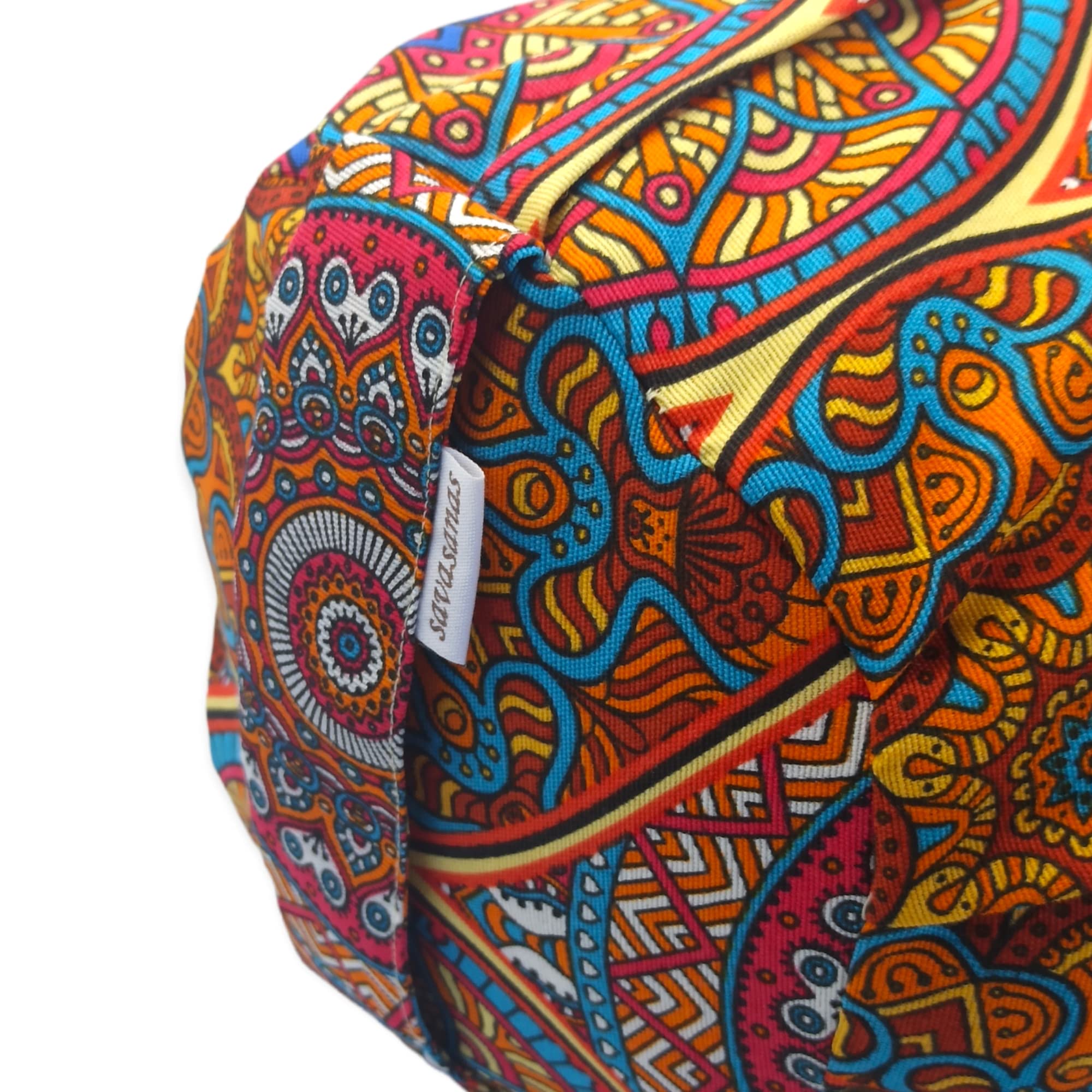 Bolster Yoga Mandalas Persa – Cojin Yoga - Yoga Accesorios - Funda extraíble y Lavable - Relleno de cáscara espelta ecológica - Asa de Transporte - 62x20cm