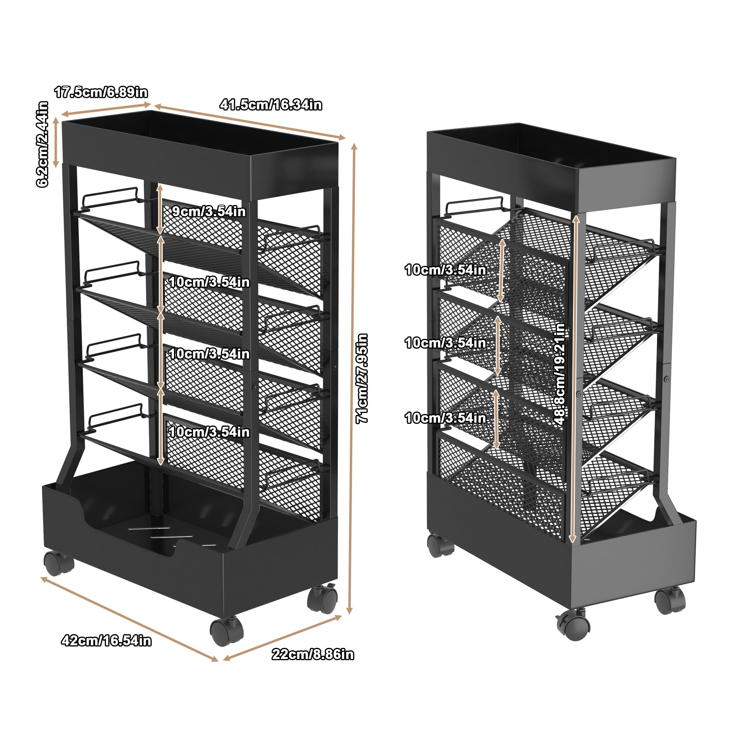 Scaffale Mobile Per Libri con Ruote, Organizer da Scrivania, Scaffale da Ufficio, Carrello per Libri, Portariviste, Grande Capienza – Nero.
