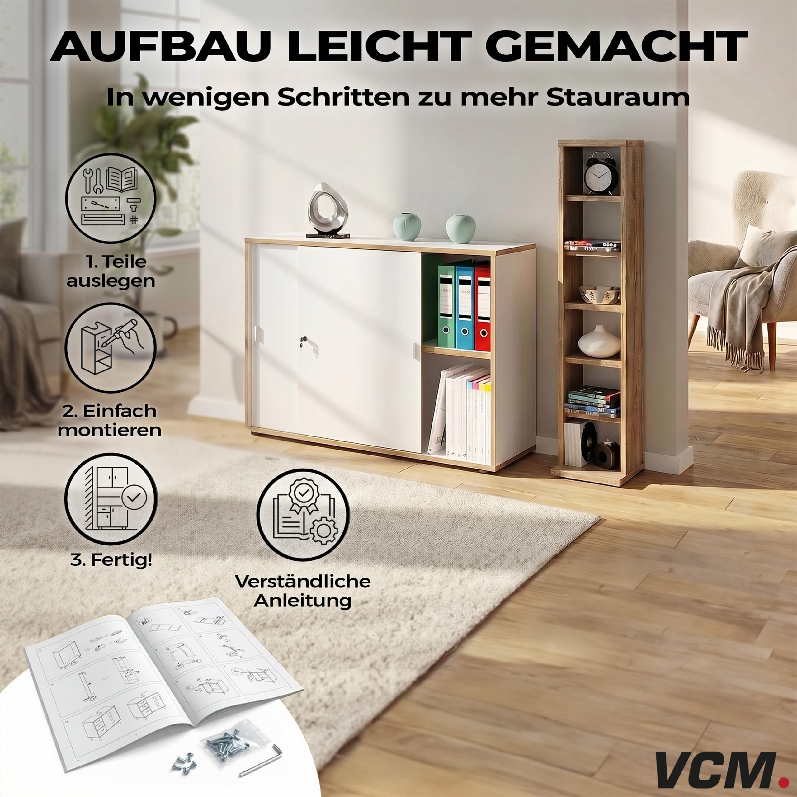 VCM Büroschrank mit 2 Fächern | moderner Aktenschrank mit Schiebetüren | Maße ca. H. 74 x B. 100 x T. 37 cm– Salia 2-Fach