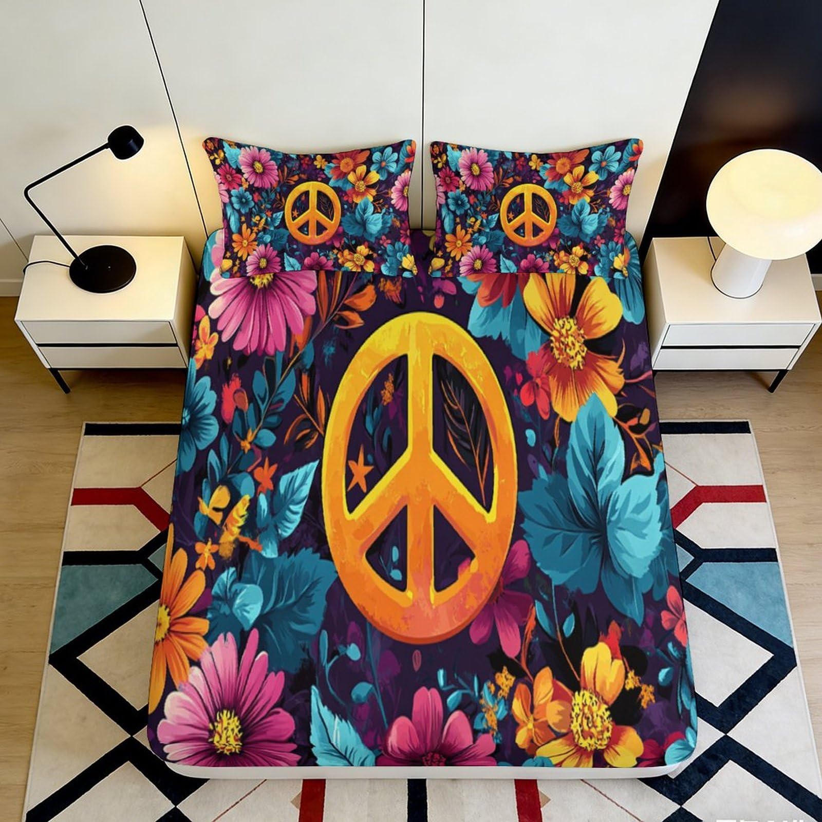 Uxinyoume Style-7 3D Printed Peace Sign Fitted Sheet Microfiber Retro Floral Mattress Cover Anti-Slip Washable For Bedroom Guest Room Decor 90X200x25cm