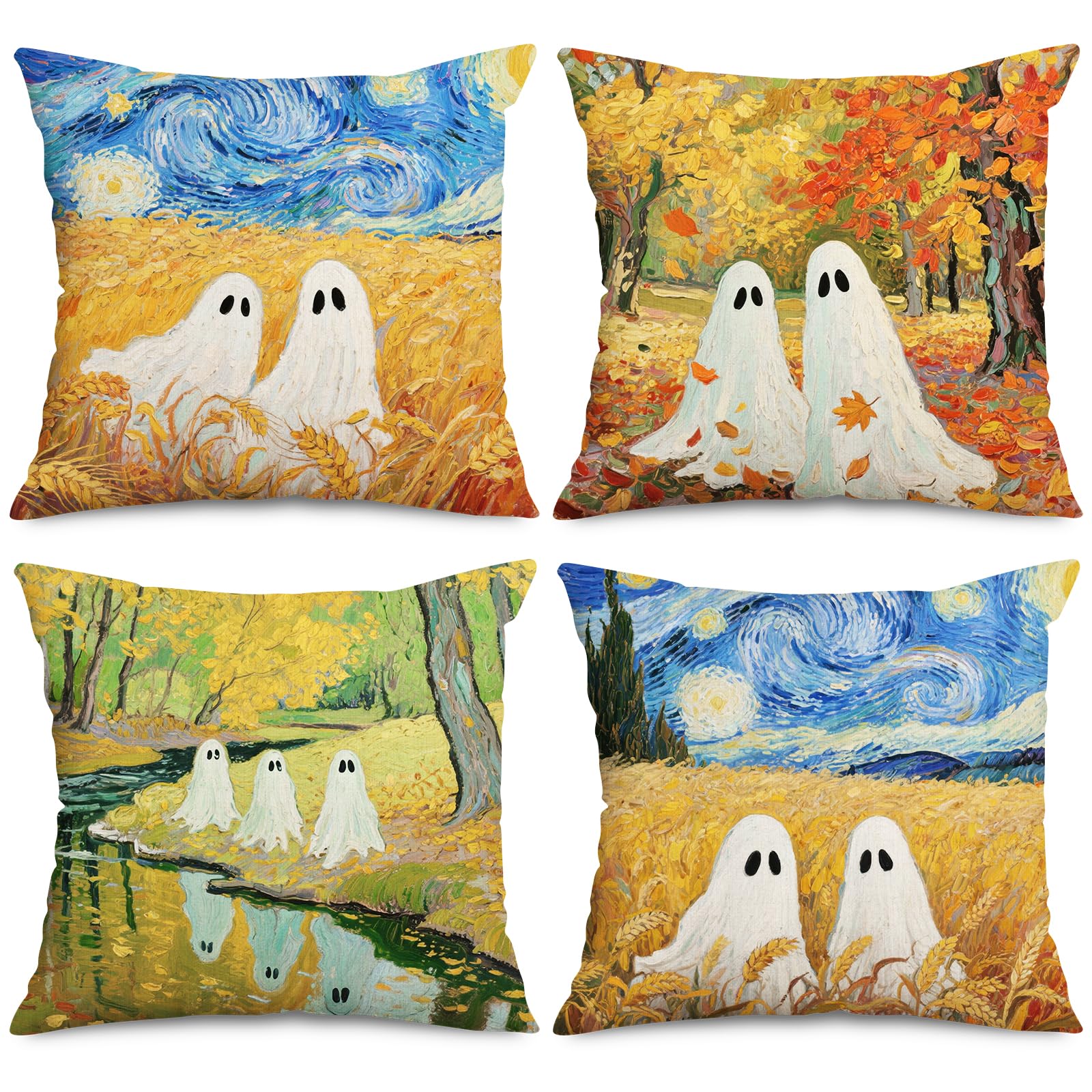 Housses de coussin Halloween Van Gogh fantôme ciel étoilé 45x45cm pour lit et canapé