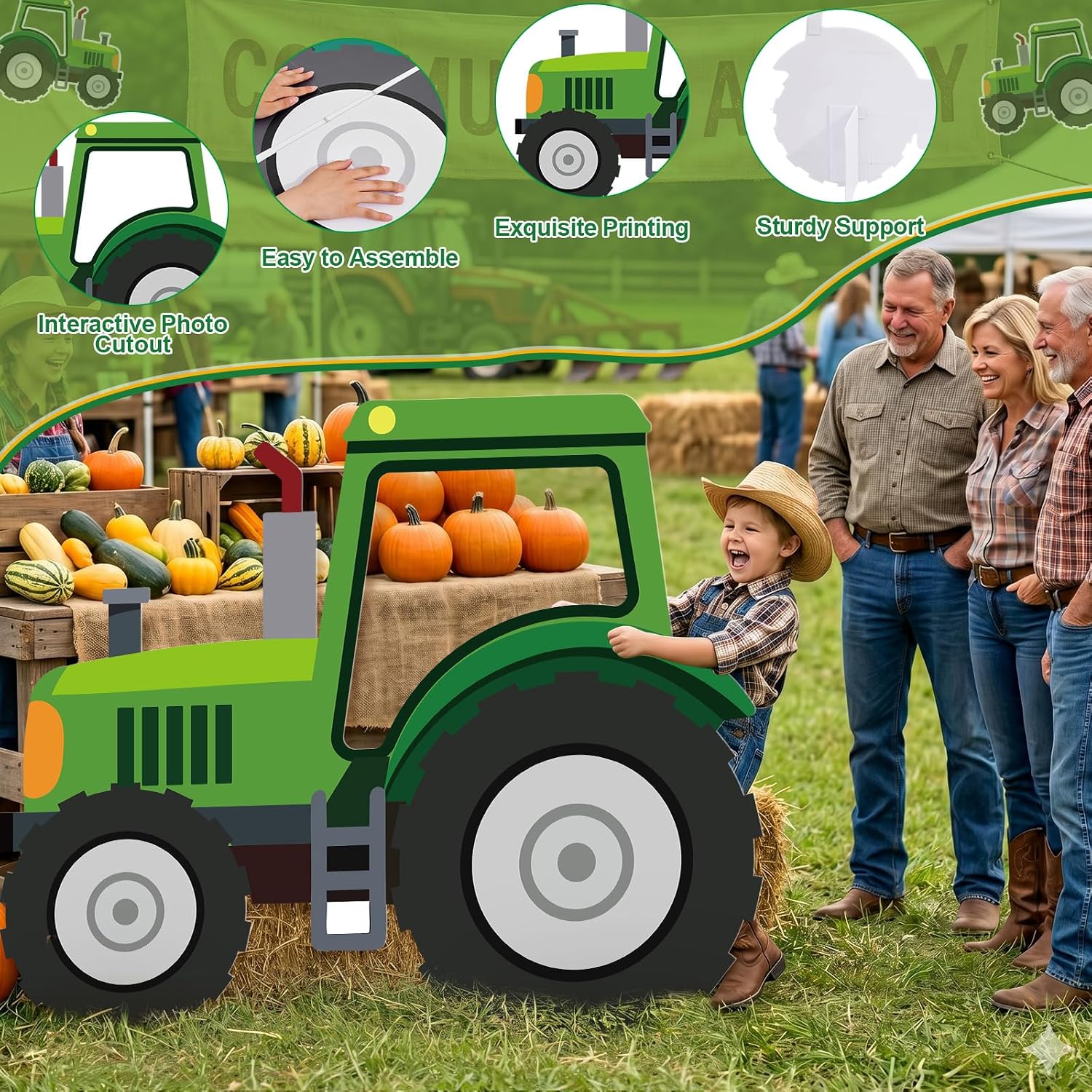 3ft Green Tractor Cardboard Cutout Stand up, Large Farm Tractor Party Decorations Stand-in Photo Booth Props Standee for Farm Theme Birthday, Baby Shower and Event Display (Green)