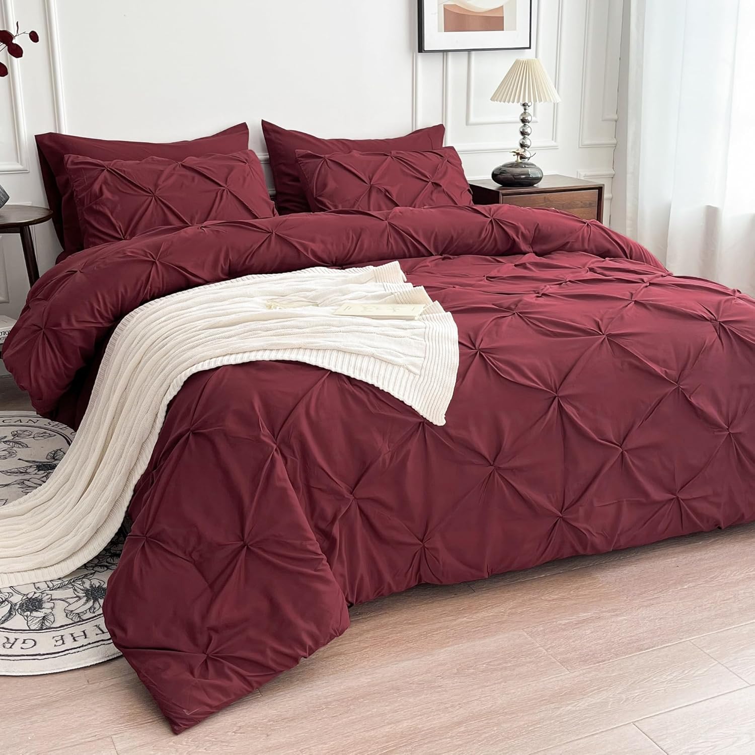 Maple&Stone Burgundy Comforter Set Queen, 7 Pieces Bed in a Bag Queen, Pintuck Bedding Sets with Comforter, Sheets, Pillowcases & Shams - Burgundy - Image 3