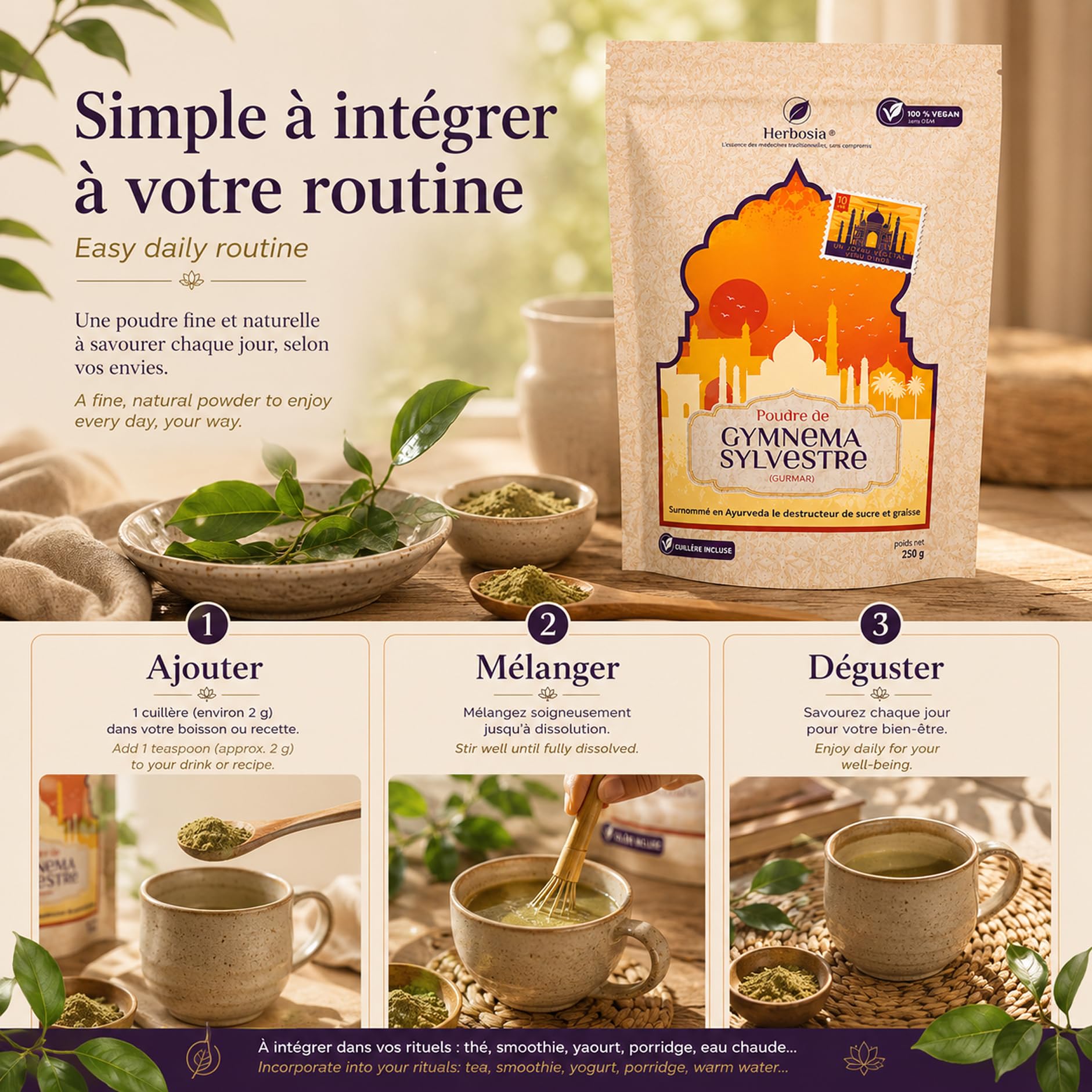 Poudre de Gymnema Sylvestre 250 g – Feuilles en Poudre Fine – Plante Traditionnelle d'Inde (Gurmar) – 100% Végétal sans OGM – Sachet Refermable avec Cuillère Doseuse