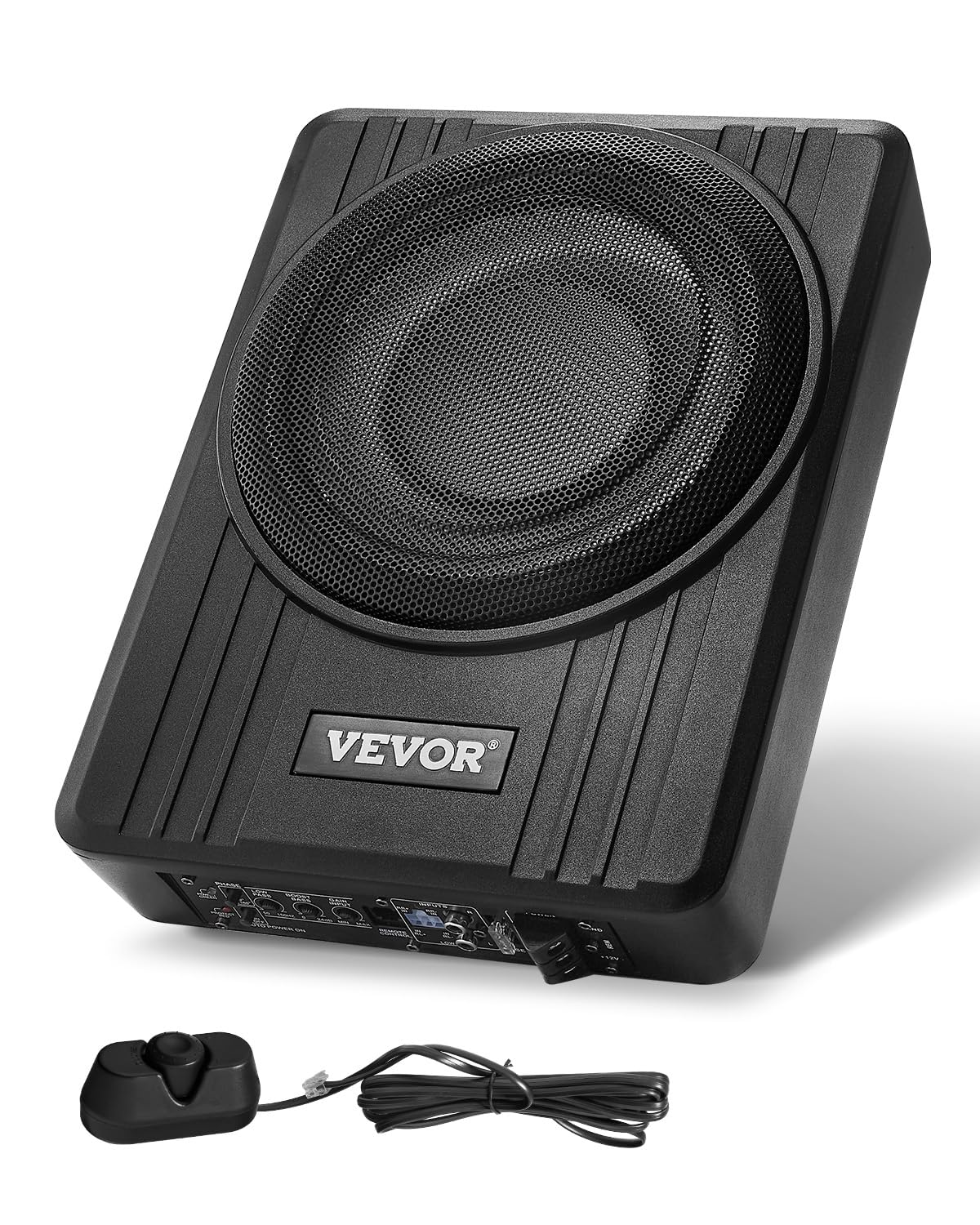 VEVOR Caisson de basses sous le siège de voiture, 300 W, haut-​parleur de boîtier de basses de voiture mince, 254 mm, amplificateur intégré, entrée de niveau haut/​bas, contrôleur de volume, pour camion