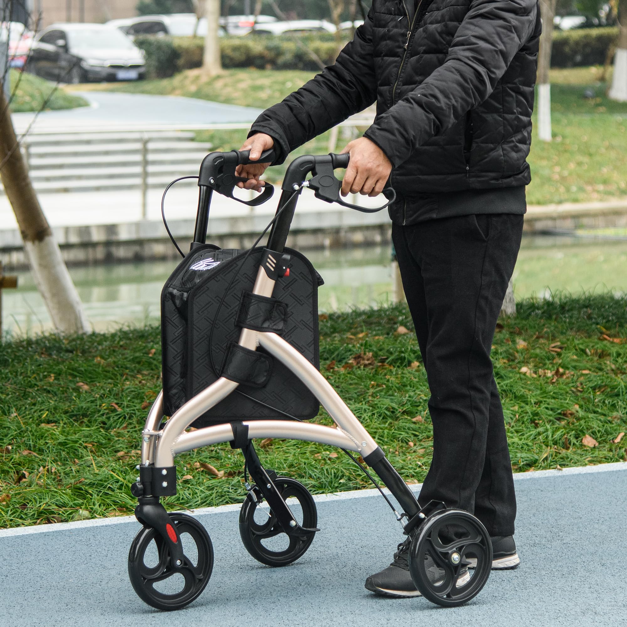HOMCOM Rollator trójkołowy aluminiowy składany z regulowanym uchwytem i torbą