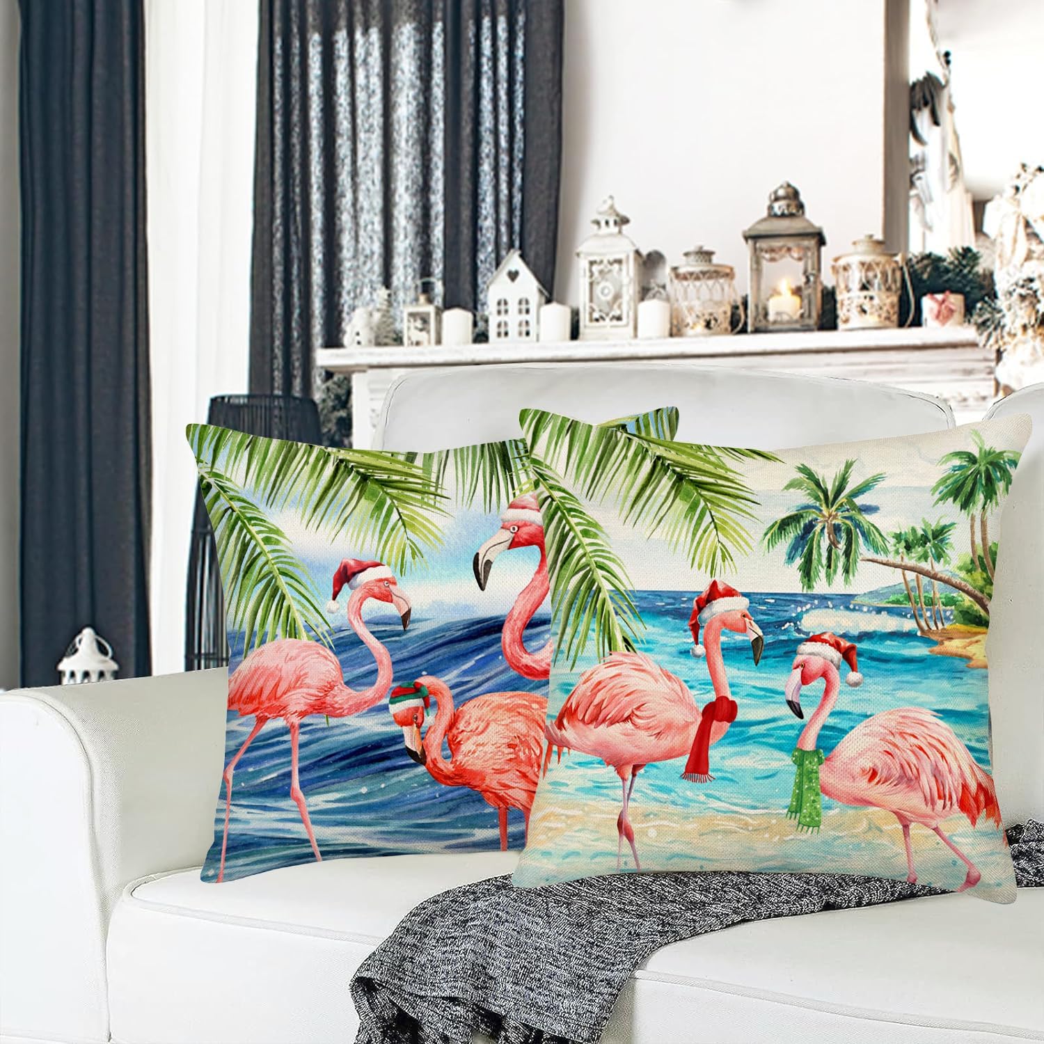 Fukeen Merry Christmas Beach Pillow Covers 22x22 Inch Set of 4 Santa Claus Flamingo Tropical Tree Ocean Sea Pillow Cases Pillow Covers for Home Winter Xmas Couch Living Room Holiday Cushion Cover