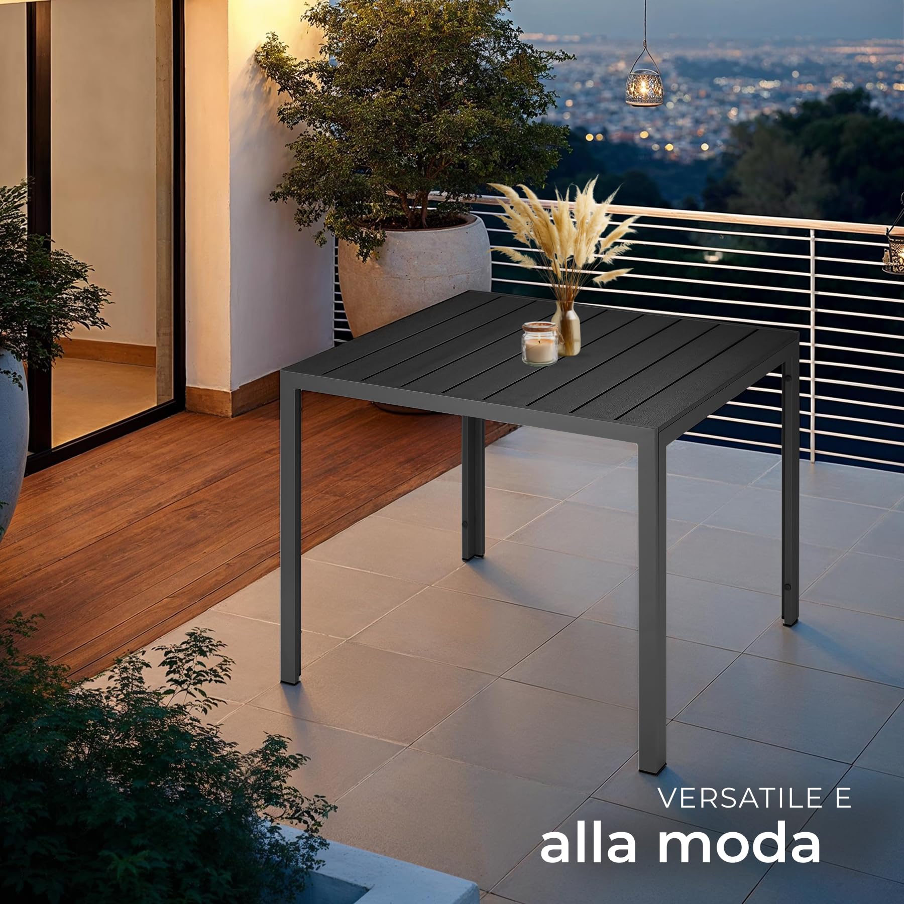 tectake®, Tavolo da Giardino in Alluminio, Tavolo da Esterno, Tavolino da Balcone, Effetto Legno, Regolabile, Resistente Intemperie, Ideale come Arredamento per Terrazzo, 90x90x74,5cm - nero