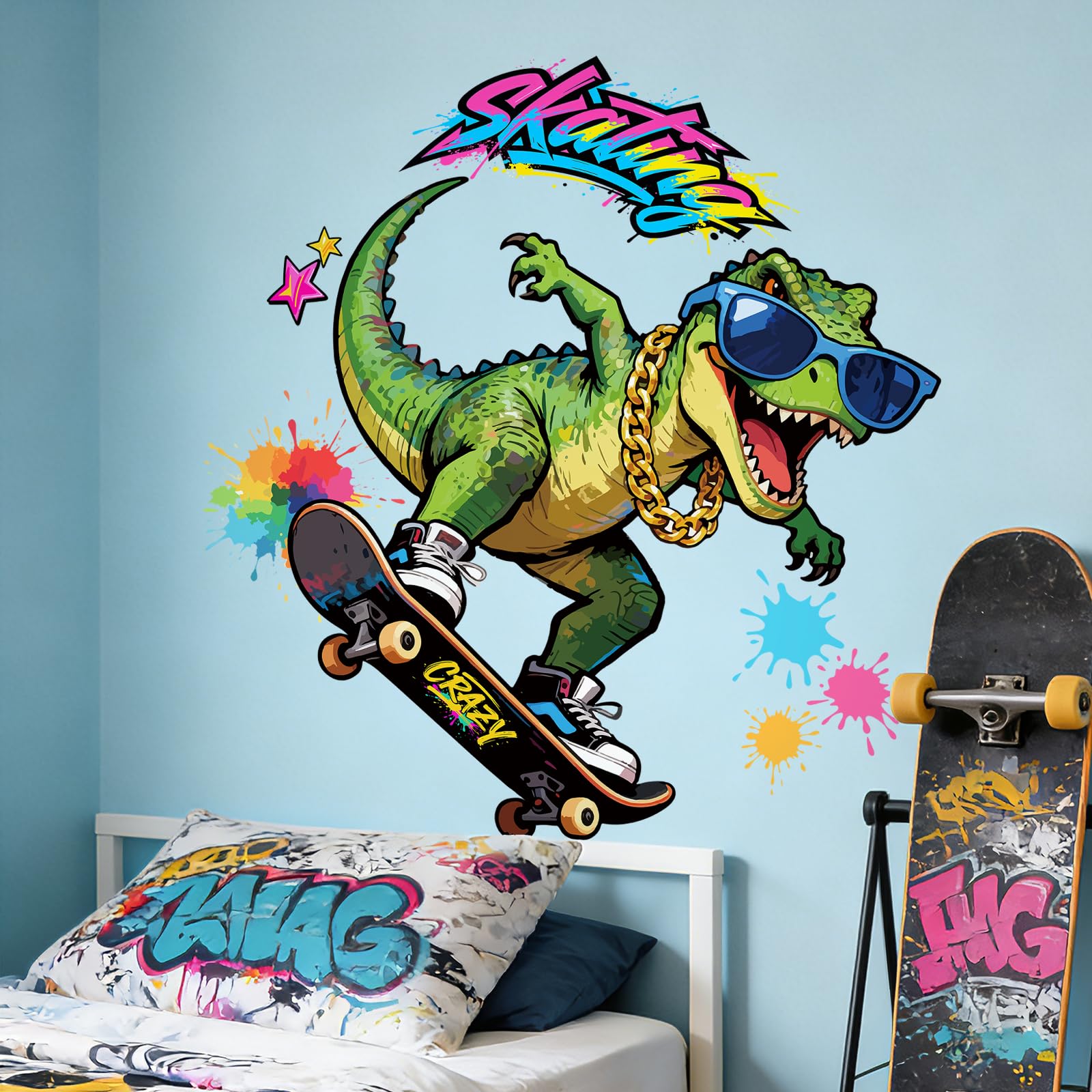 Tanlaby Dinosaur Wall Decals Graffiti Dinosaur Wall Stickers Peel and Stick Tropical T-rex Art Decor for Boys Kids Toddler Bedroom Playroom Classroom Living Room