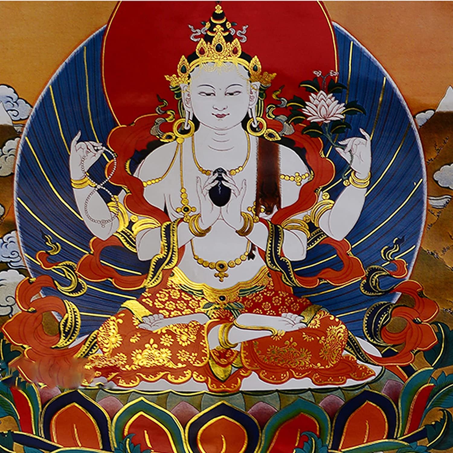Tapisserie bouddhiste, tapisseries Thangka - Bouddhisme tibétain tantrique Thangka Avalokitesvara à quatre bras, Padmapani, tapisserie bouddhiste en brocart d'estampage à chaud for la méditation de dé