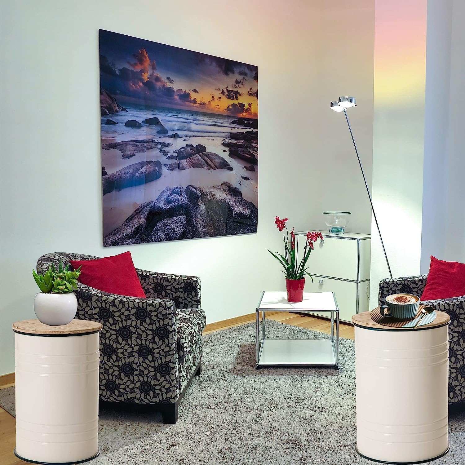 Glitzhome Rustic Storage Ottoman Seat Stool, Farmhouse End Table, Galvanized Dark Blue Rim Imitation Enamel Accent Side Table Toy Box Bin with Round Wood Lid for Living Room, Set of 2, White