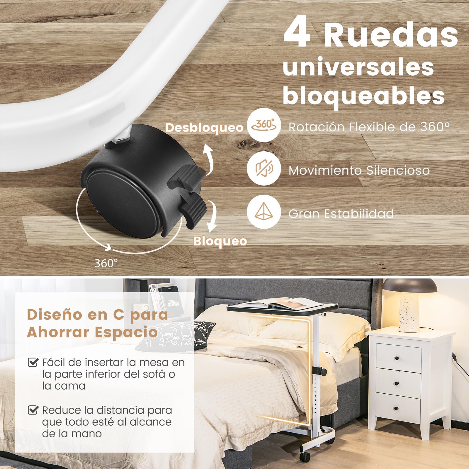 COSTWAY Mesa Auxiliar con Ruedas, Mesa Plegable Portatil para Cama, Altura Ajustable en 9 Niveles, Mesa Auxiliar Sofa Tapa Inclinable, para Ordenador, Salon, Hospital, 61 x 43,5 x 73-93 cm (Blanco)