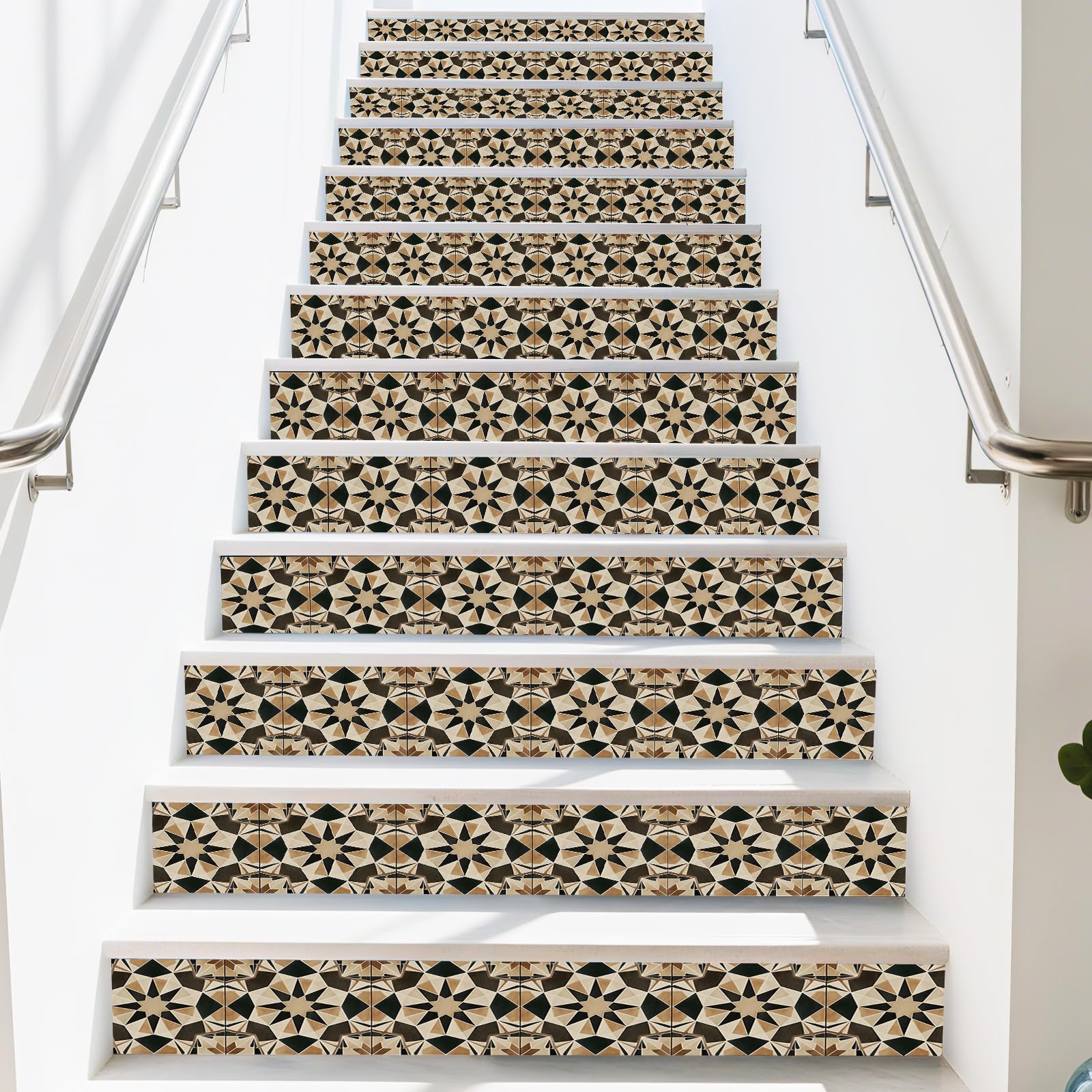 PLIGREAT 15 Strips Stair Riser Decals, Moroccan Tile Staircase Stickers Peel and Stick Stair Riser Stickers 18x100cm Self-Adhesive Vinyl Vintage Staircase Murals Sticker Decor for Home Hotel — image 1