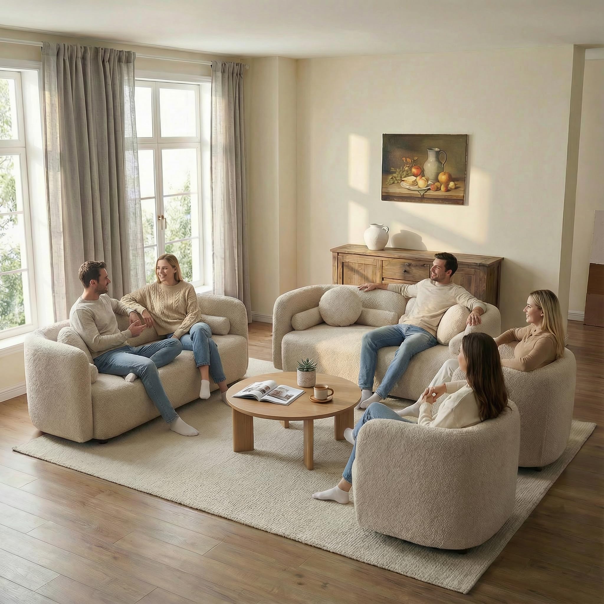 4-Piece Beige Boucle Sofa Set, 2 Loveseats &amp; 2 Accent Chairs