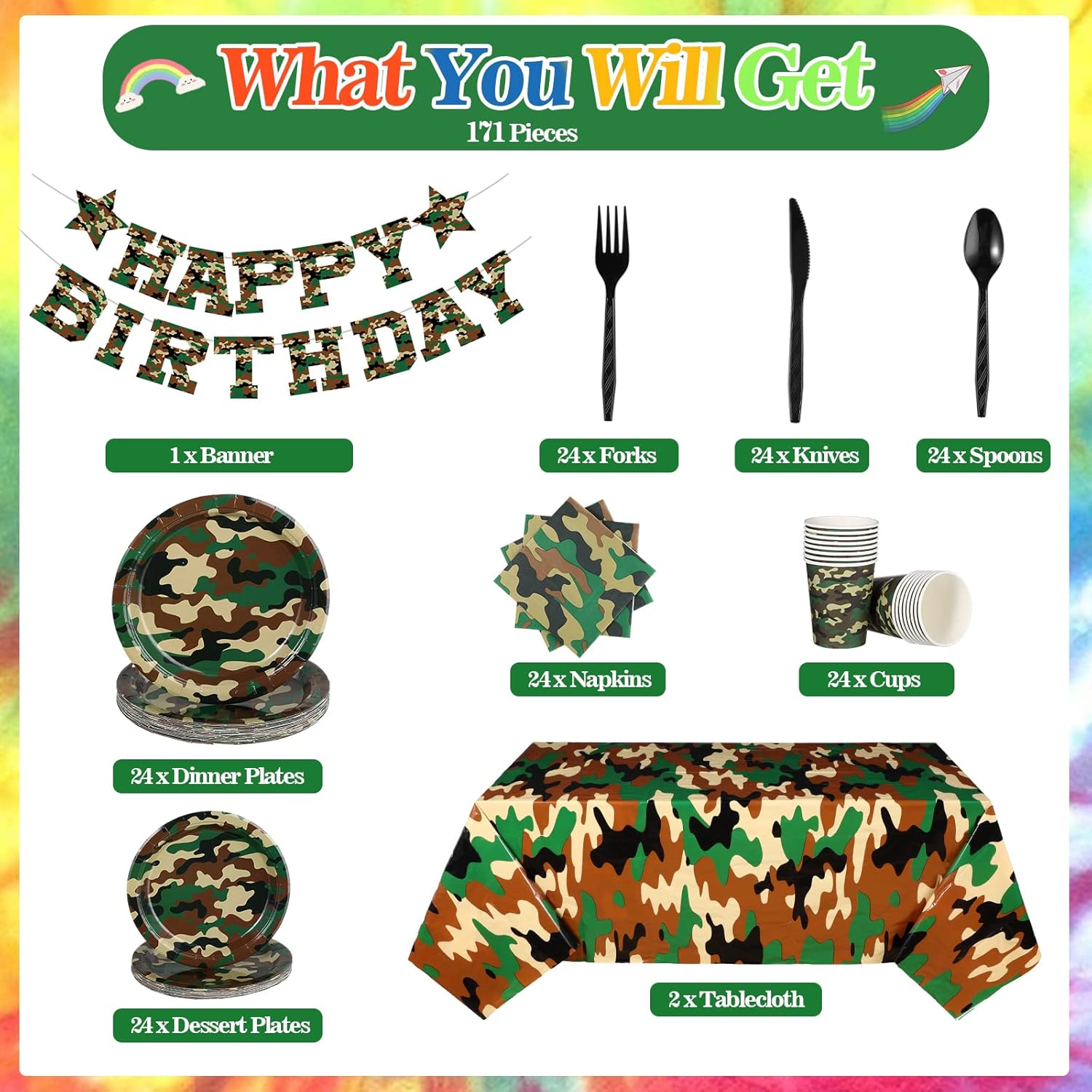 Rtteri 171 Pcs Camo Birthday Party Decorations Serves 24 Camouflage Themed Party Supplies Set with Camo Tablecloth Plates Napkins Cups Tableware Banner for Army Military Birthday Supplies