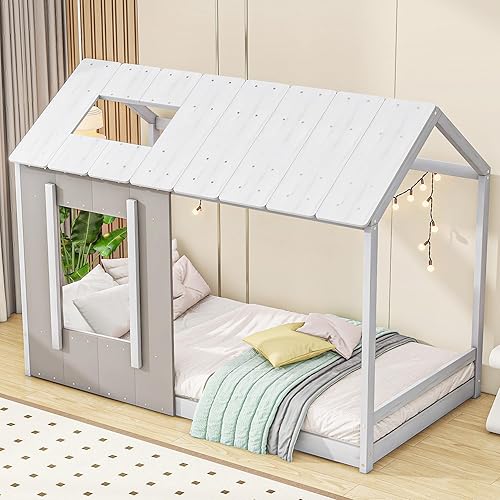 Miniatura 4 de Cama individual de madera para niños, marco de cama estilo cabaña, cama de diseño rústico, casa de juegos con techo y ventana para niñas, niños,