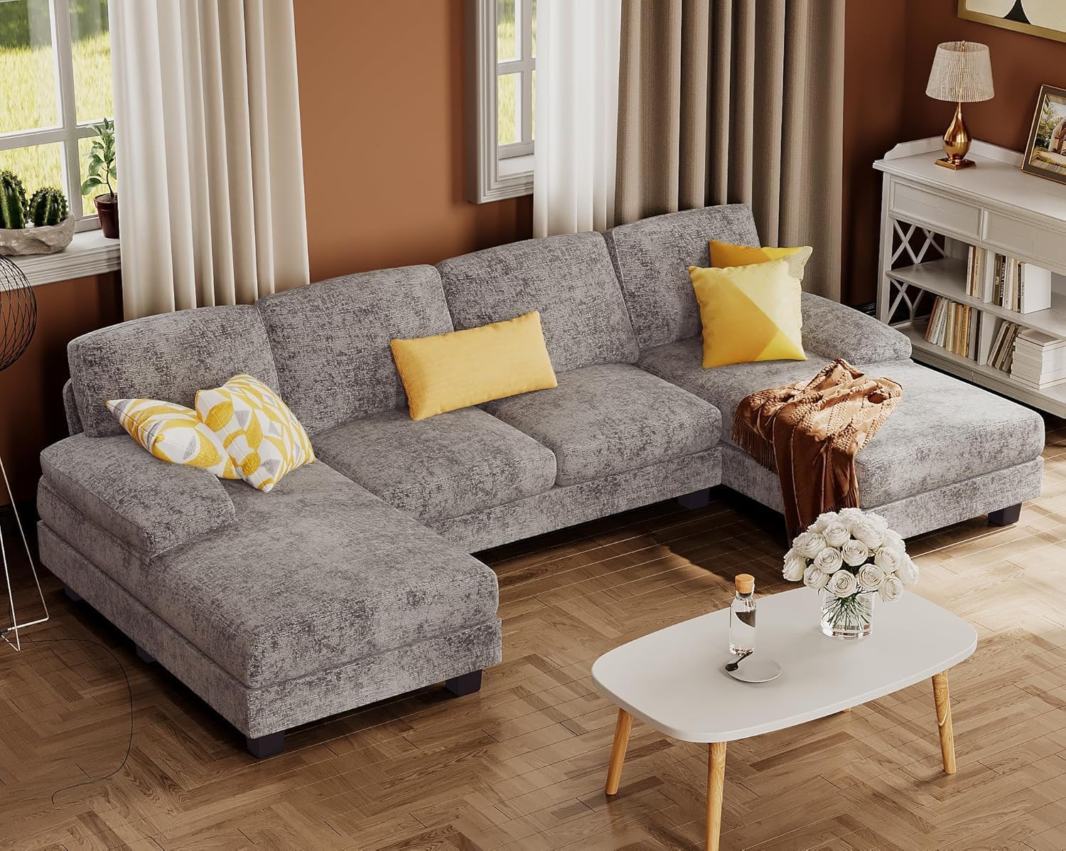 Furmax Sectional Couches for Living Room, Chenille, Grey | U-Shaped Sofa Couch with Linen Fabric, 4 Seat Sofa Set with Double Chaise for Apartment