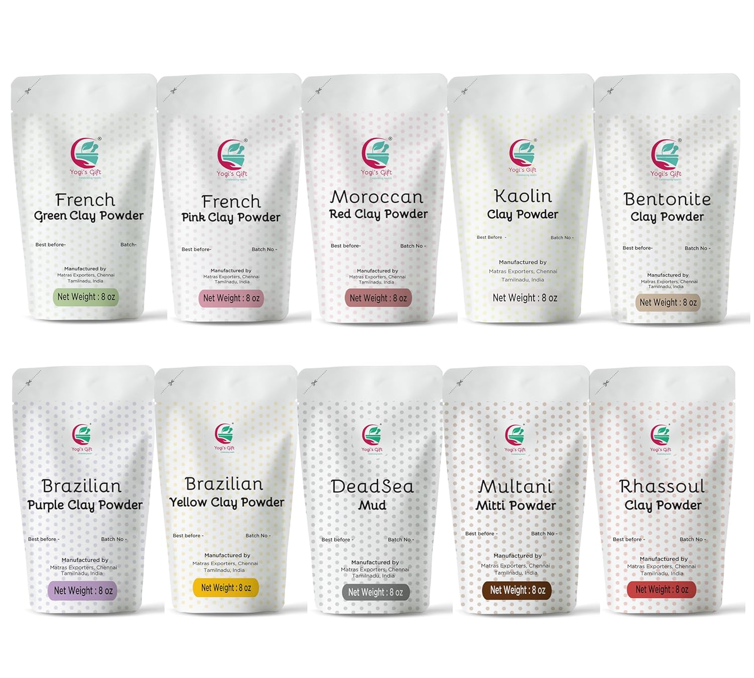 Pack of 10 Clays for Mask Making & Soap Making | Face Mask Ingredient | Best Value Pack of Colourful Clays | 8oz Each | Variety Pack for DIY Projects | by Yogi’s Gift®