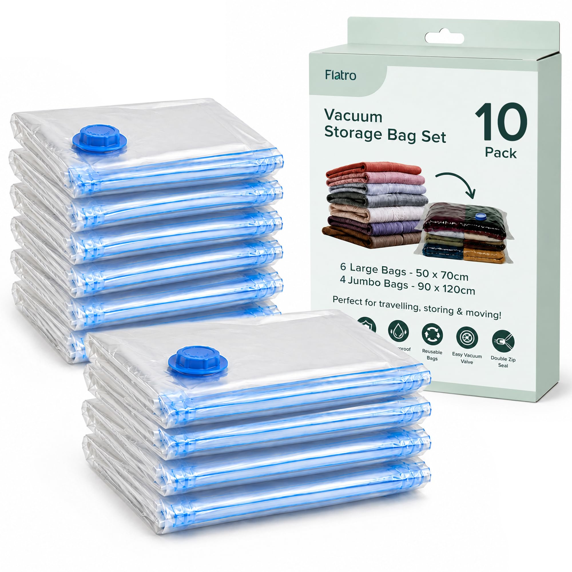 Flatro Vacuum Storage Bags (Pack of 10) | 4 Jumbo & 6 Large Air Tight Vacuum Pack Bags for Clothes, Beddings & Travelling | Reusable Vacuum Compression Zipper Storage Bags