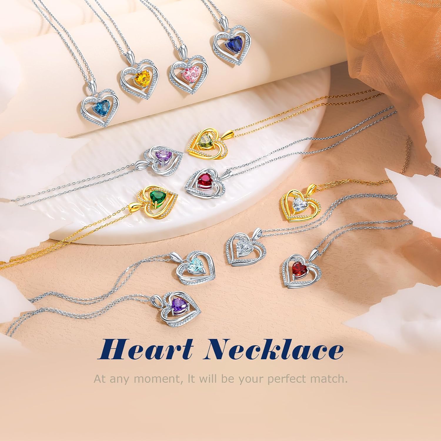 Anniversary Charm Necklace, Sterling Silver 14K Gold Plated Chain with Interlocking Heart Pendant Elegant Birthstone Necklaces for Women, Length 18"