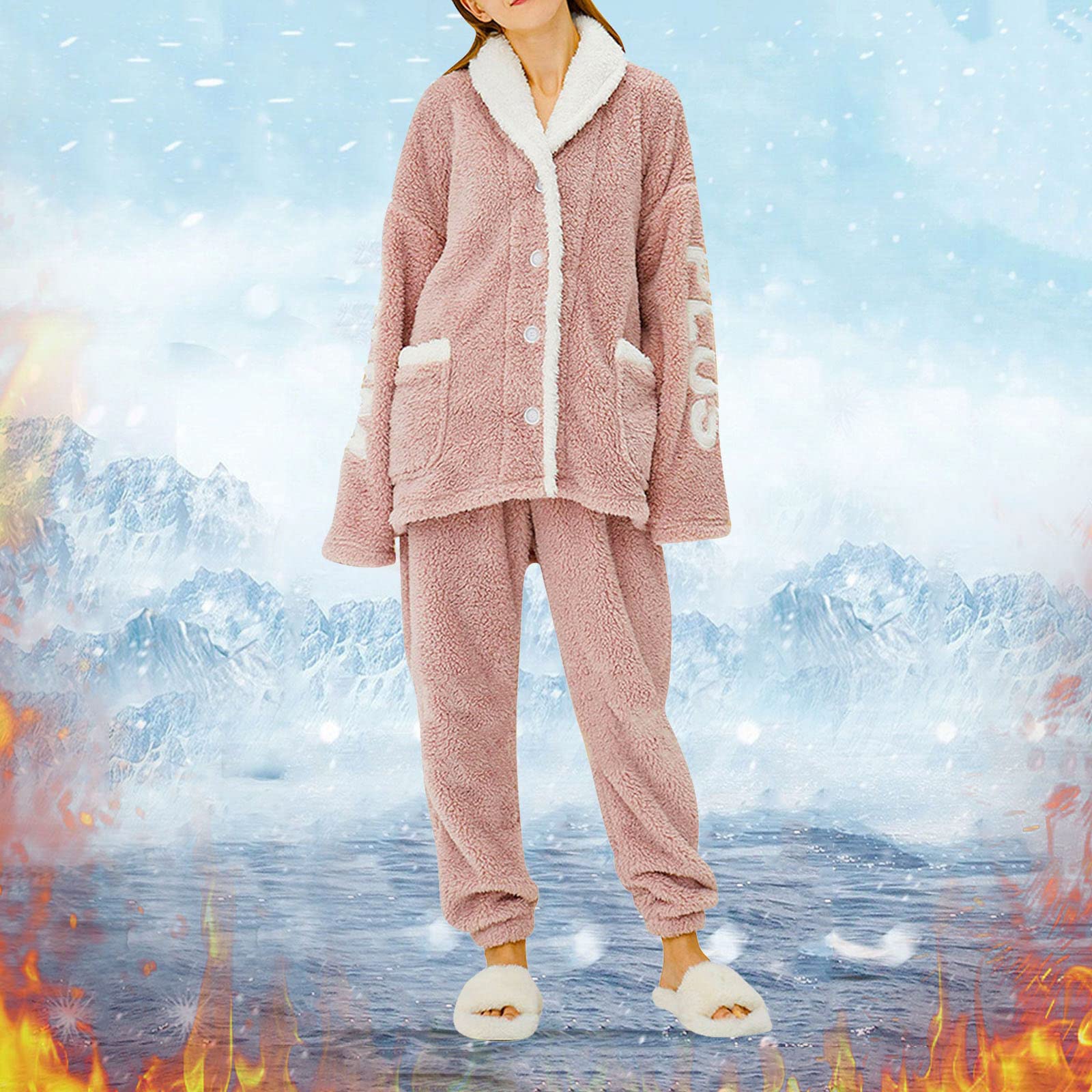 Conjunto de pijama de algodón mullido con botones para mujer, estilo casual, cálido, de algodón, suave, acogedor, ropa de dormir para invierno, otoño, ropa de descanso, suave y cómoda