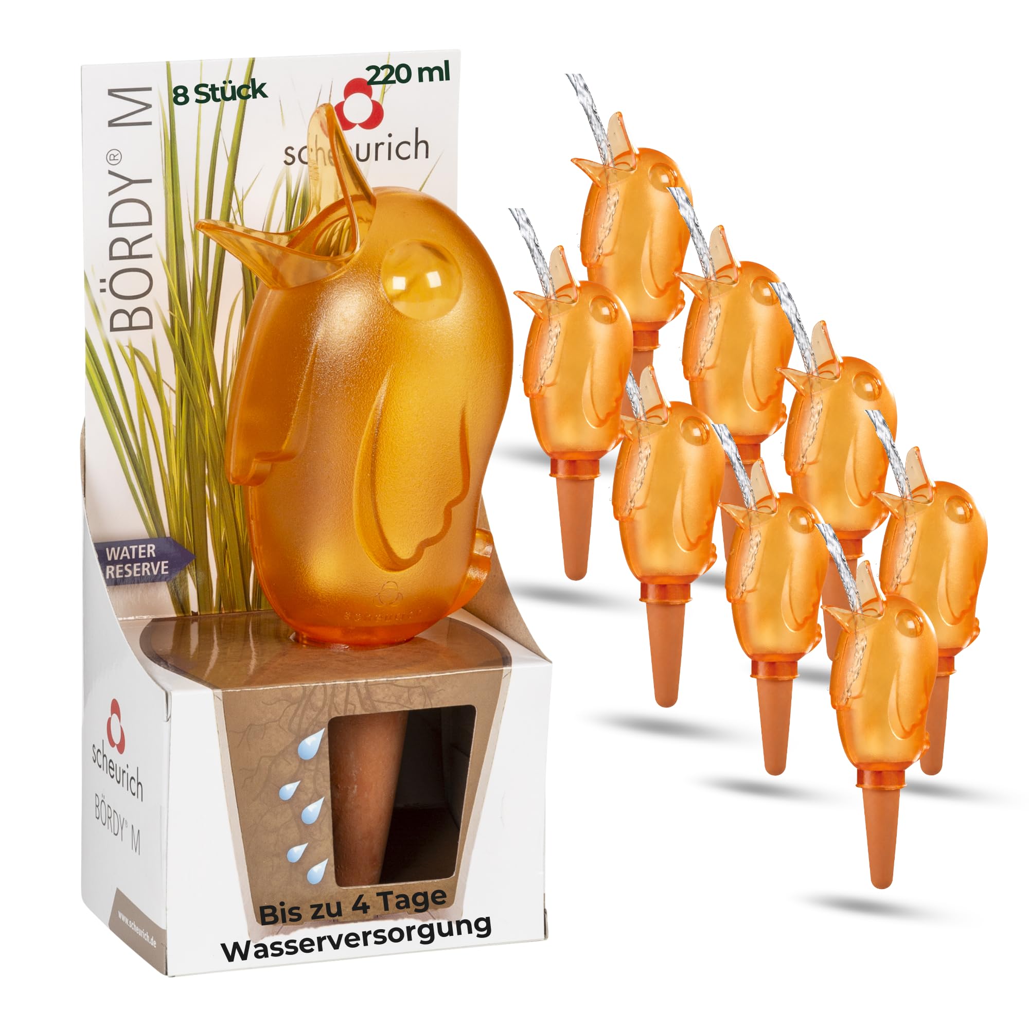 Scheurich Dozownik wody Bördy M | 8 x pomarańczowy | pojemność 220 ml | małe kulki nawadniające z gliny | dozownik wody do roślin pokojowych i kwiatów, trzonek z terakoty