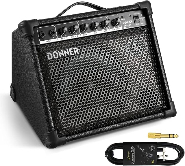Donner DKA-20 Keyboard Amplifier 20 Watt Keyboard AMP with Aux in and Two Channels, Bass Guitar Amp, Piano Amplifier, Electronic Drum Speaker Support for Microphone Input