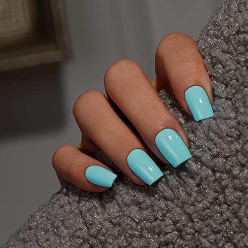 KQueenest Teal Blue Press On Nails Medium Square - Acrylic