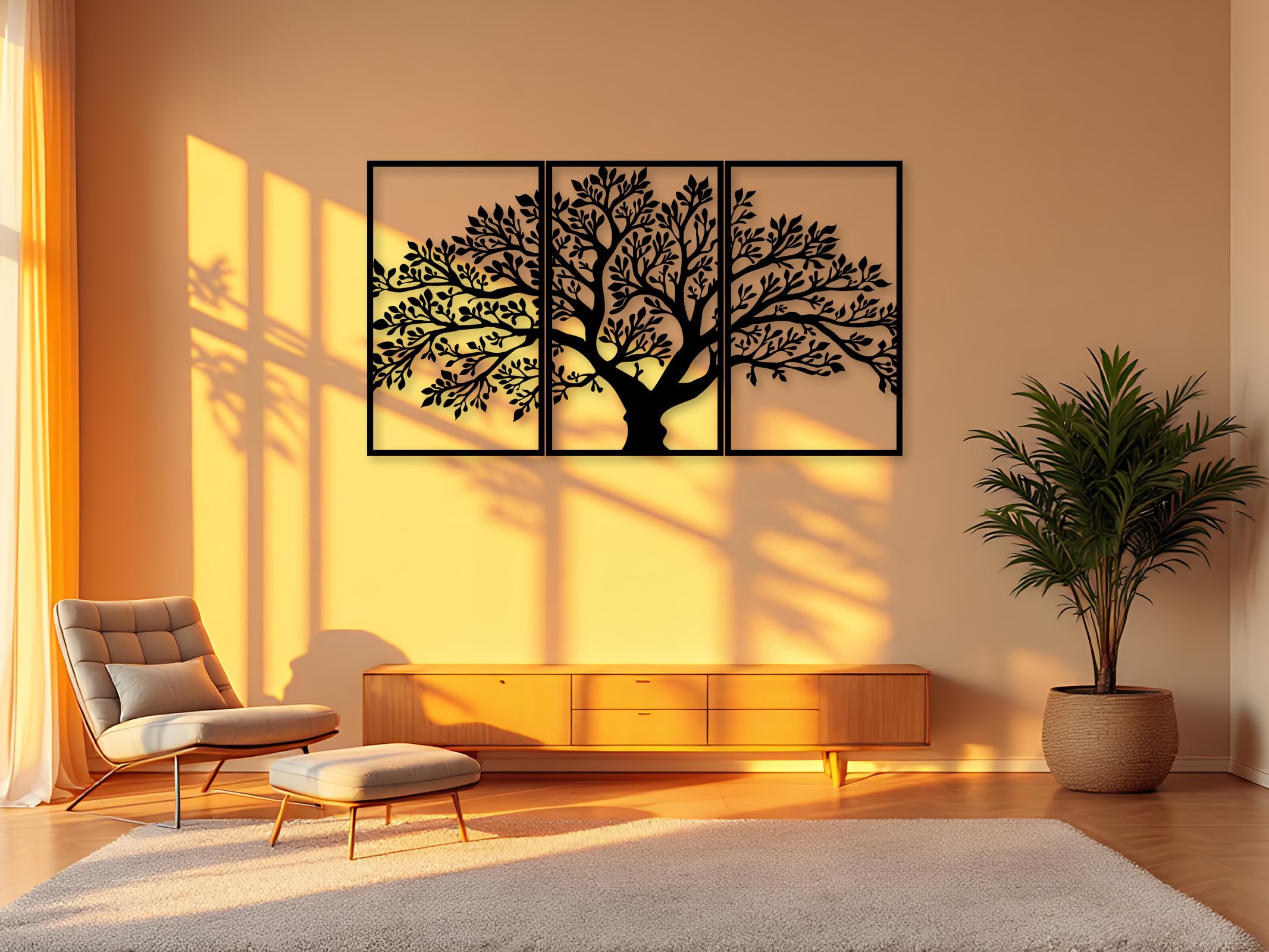 Kajaro Baum Wandbild Holz 3-teilig, Baum Nr. 2, selbstklebend ohne Bohren