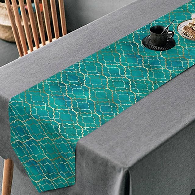 Mnsruu Fabric Table Runner Teal Geometric Vintage Christmas Farmhouse Dining Cloth Decorative for Party Banquet, 13x70(in)