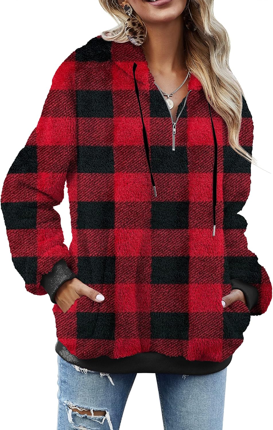 Women Casual Double Fuzzy Sweatshirt Faux Fleece Zip Pullover Hoodies Coat Outwear S-XXL - Image 3