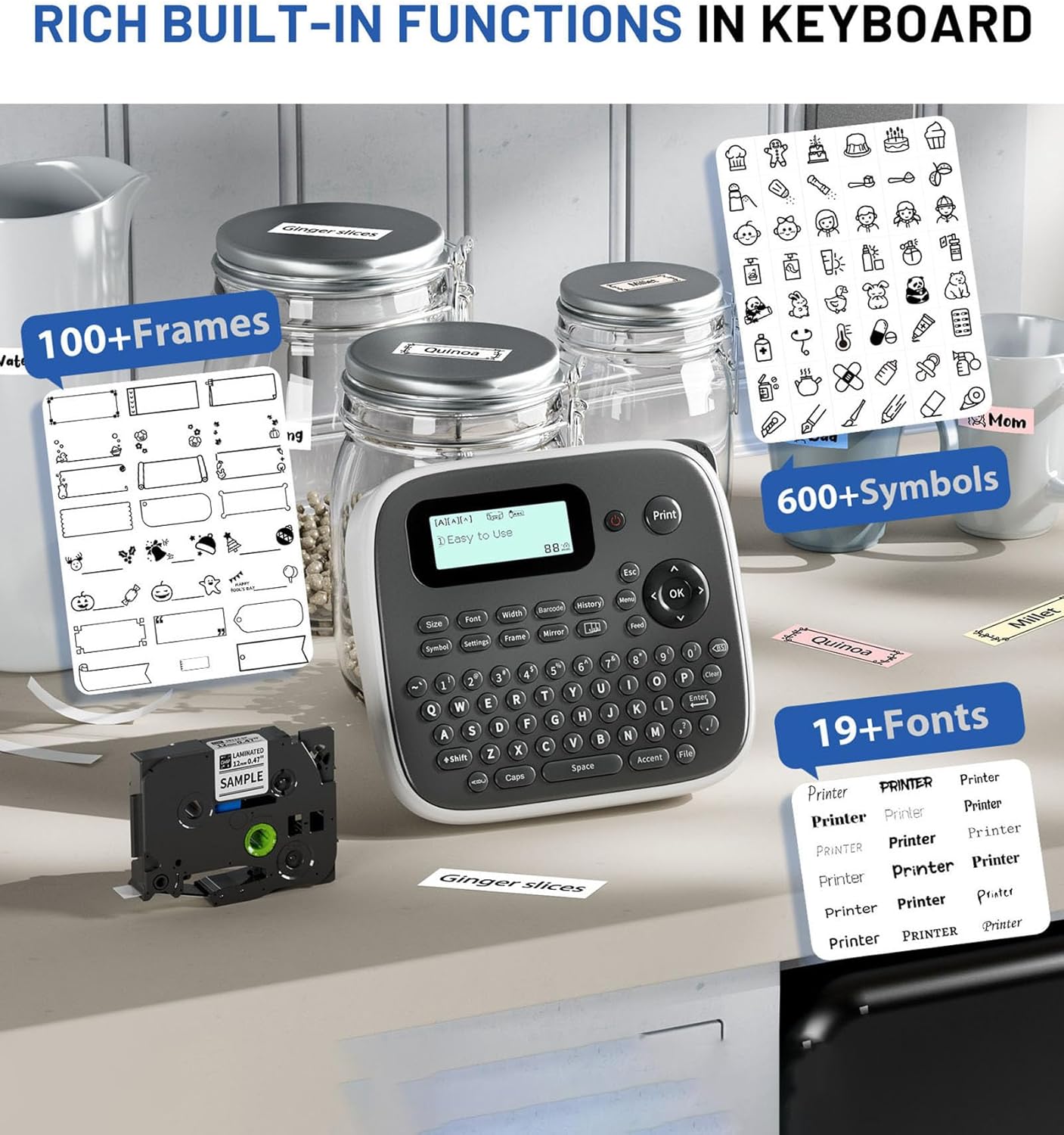 Close-up of the EazeID D210S label maker showing the label tape compartment and the built-in cutter.